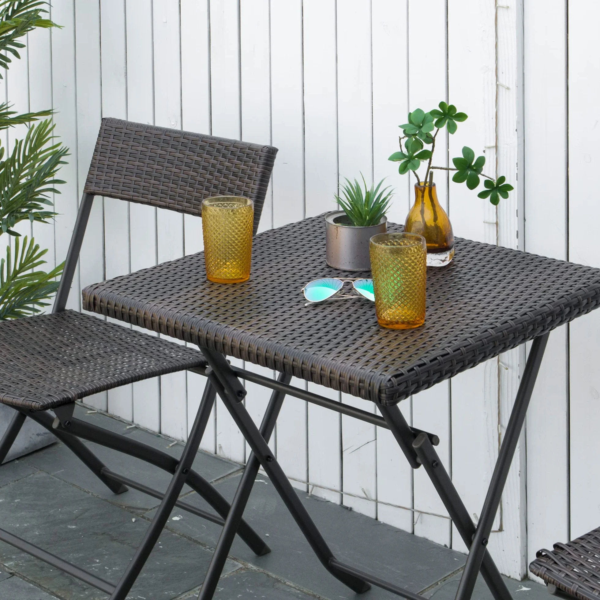 Outsunny Set da Giardino Pieghevole 3 Pezzi Rattan PE Metallo, 2 Sedie e Tavolino da Caffè, Protezione UV, Nero