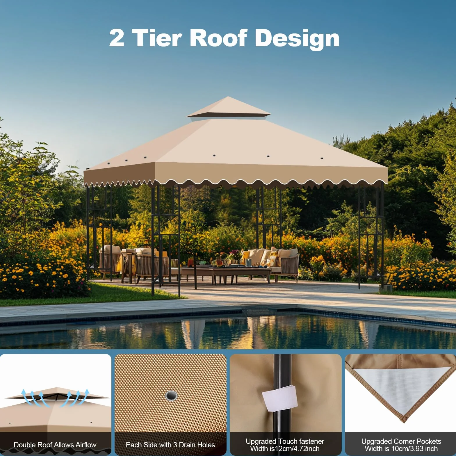 Tetto di Ricambio per Gazebo 3x3 Impermeabile, Telo Copertura 300D Poliestere Anti-UV Kaki