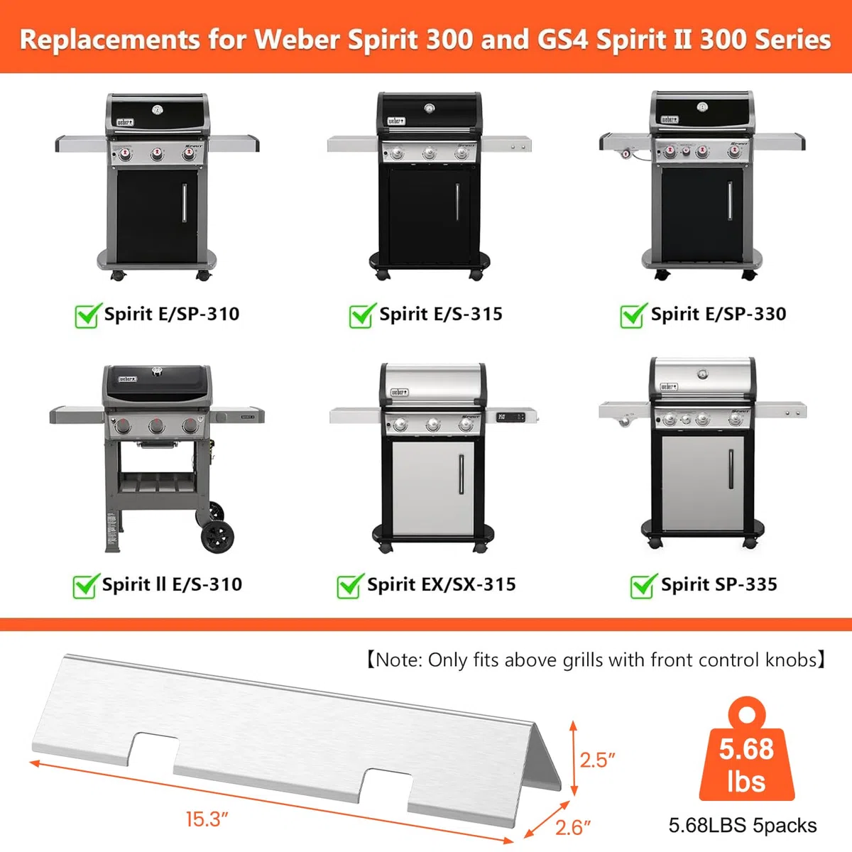 QuliMetal 7636 67046 - Barre aromatizzanti per griglia Weber Spirit 300 e GS4 Spirit II serie 300, Spirit E310 E320 E330 S310 S320 S330 con manopola di controllo frontale, parti di ricambio per barre