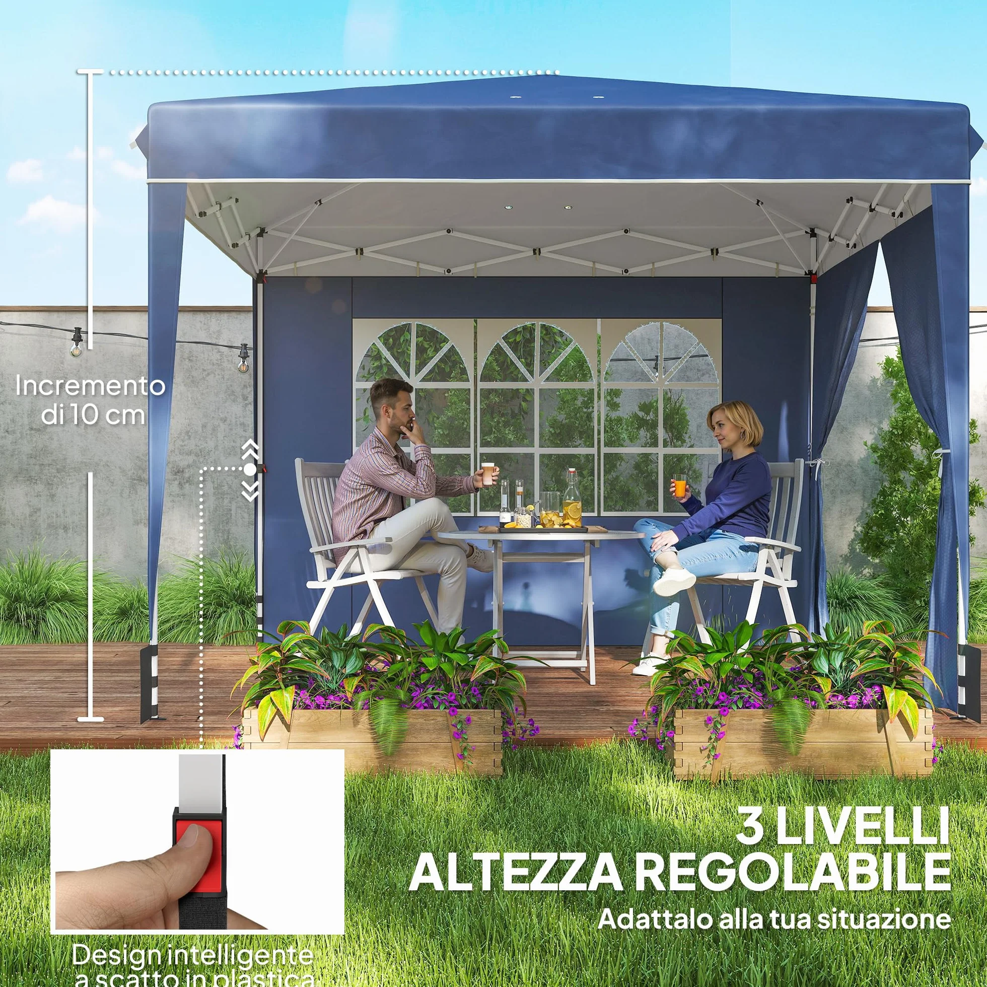 Outsunny Gazebo 3x3m Pieghevole Pop Up Altezza Regolabile, Gazebo da Giardino con Pareti Laterali, UV50+, Blu Scuro