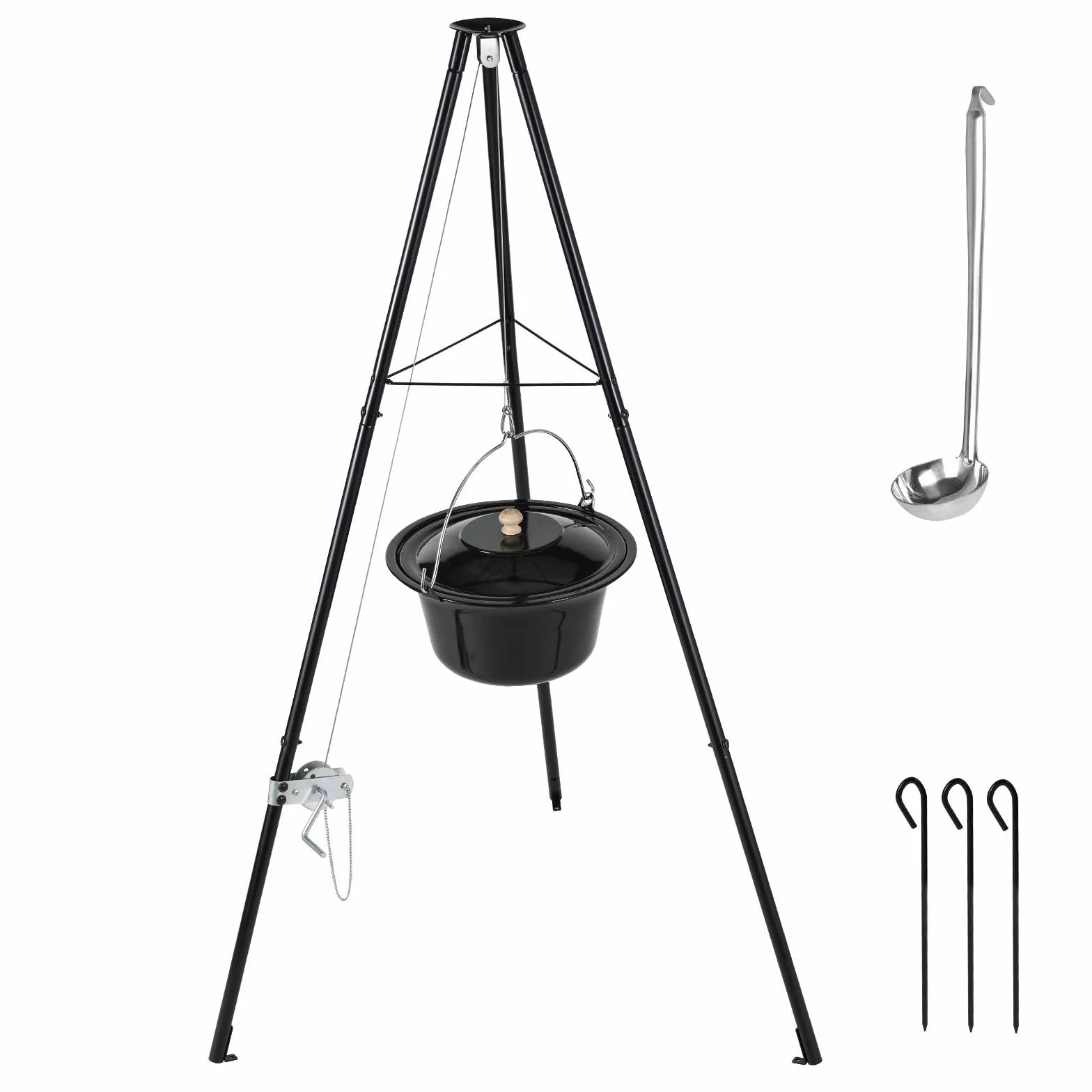 TLSUNNY Bollitore per Gulasch Ungherese Originale 10 L, Telaio per Treppiede con Regolazione, Set di Pentole per Gulasch, Pentola per Gulasch Smaltata, Treppiede Telescopico con Picchetti per Picnic