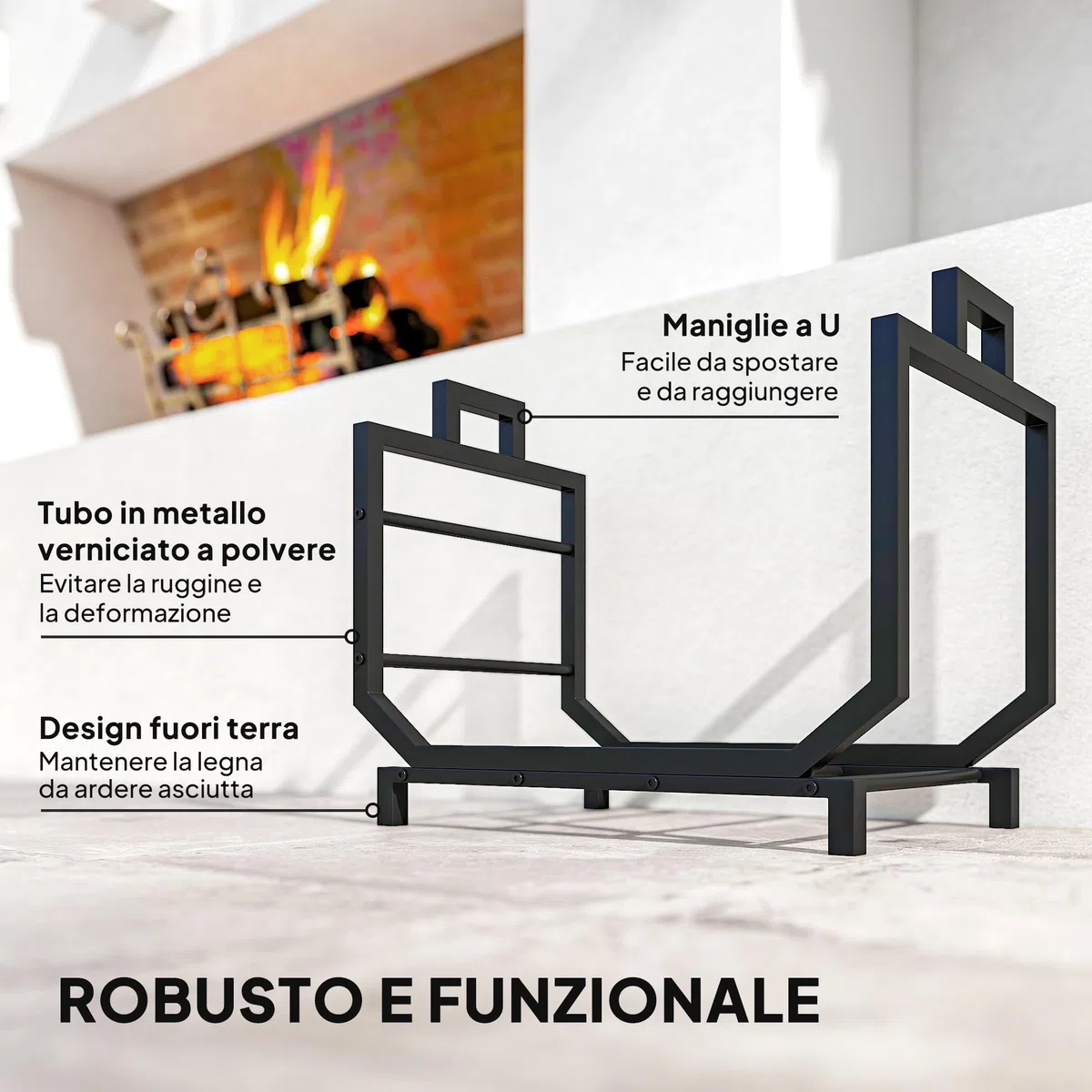 Outsunny Porta Legna Metallo 50 kg 53x33x43 cm Nero