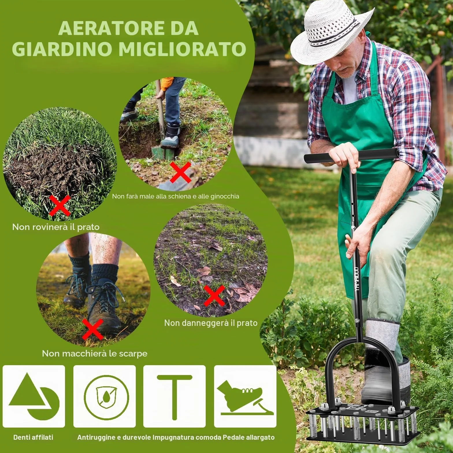 Arieggiatore per Prato, Arieggiatore Prato con 15 Punte in Ferro, Pulizia Automatica di Foglie e Sporcizia Aeratore Prato, Carotatrice Prato Regolabili in Altezza per Prato