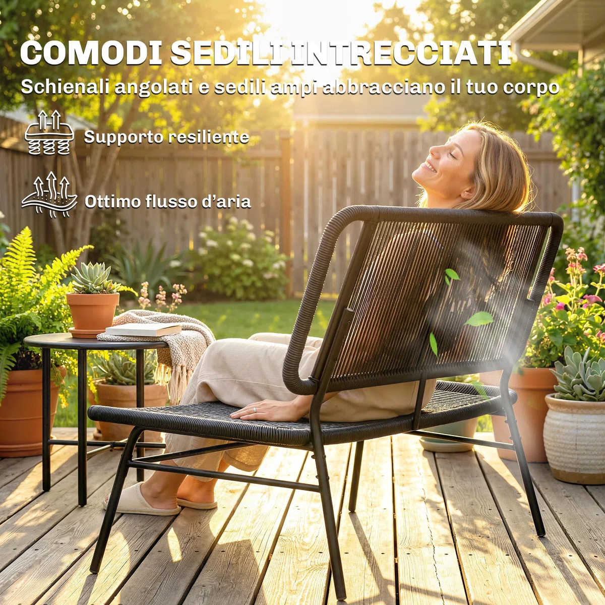 Outsunny Divano da Giardino 2 Posti in Rattan PE, Divanetto da Esterno Seduta e Schienale Intrecciati, Telaio in Acciaio, Divano da Esterno, per Terrazza e Cortile, Capacità 240 kg, Nero