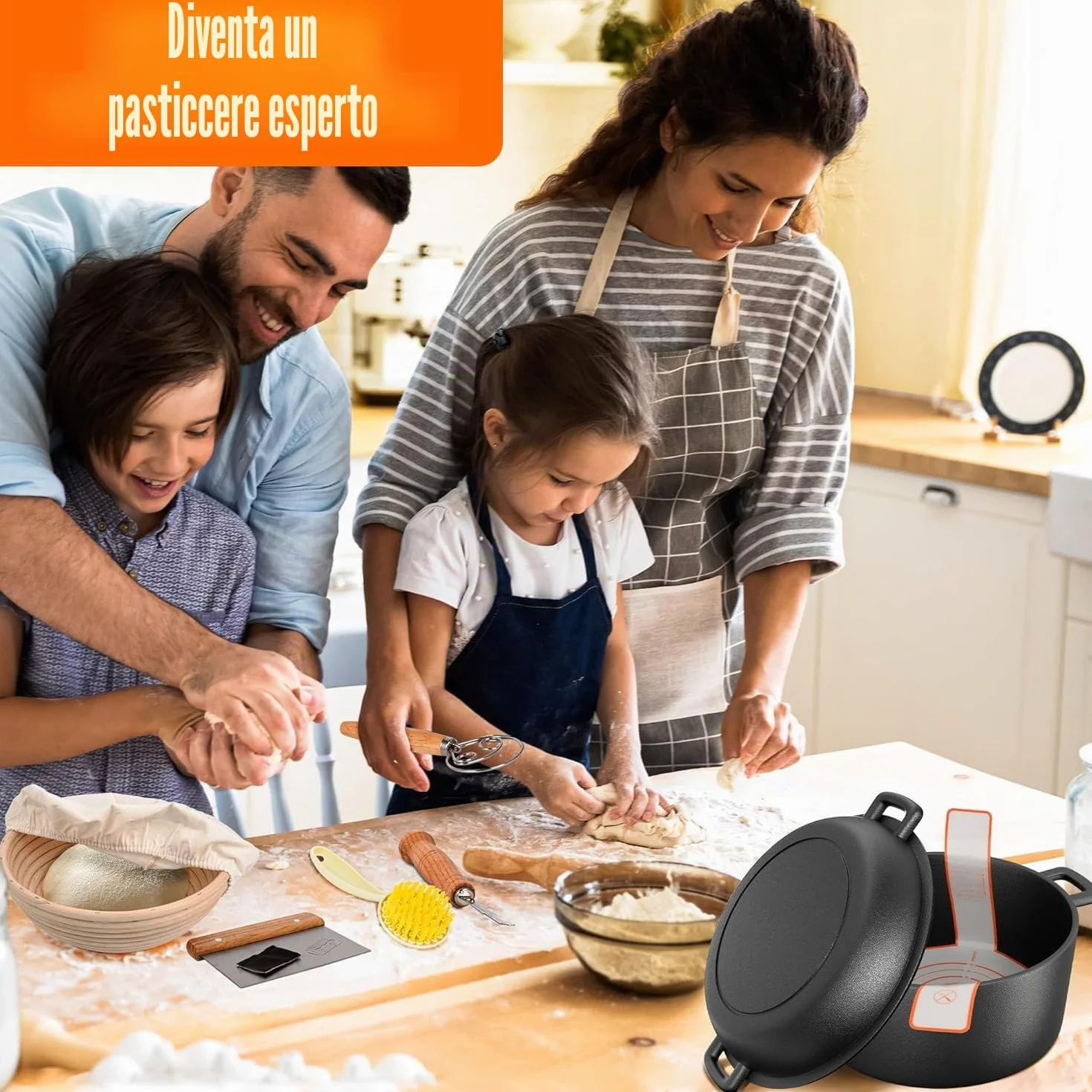 Forno olandese in ghisa da 5 qt (kit per lievito madre con cestello per lievitazione, lame e coperchio - ideale per cuocere il pane) (cucina familiare, friggere, brasare e barbecue)