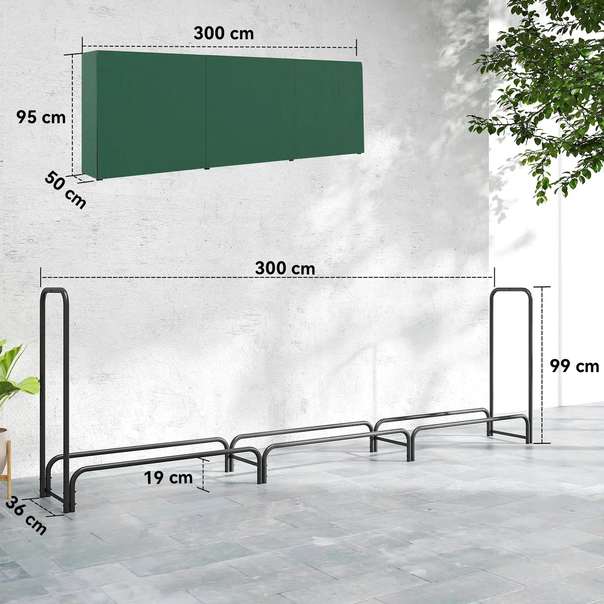 Outsunny Legnaia da Esterno in Metallo 1m³ 300x36x99 cm Nero e Verde Scuro