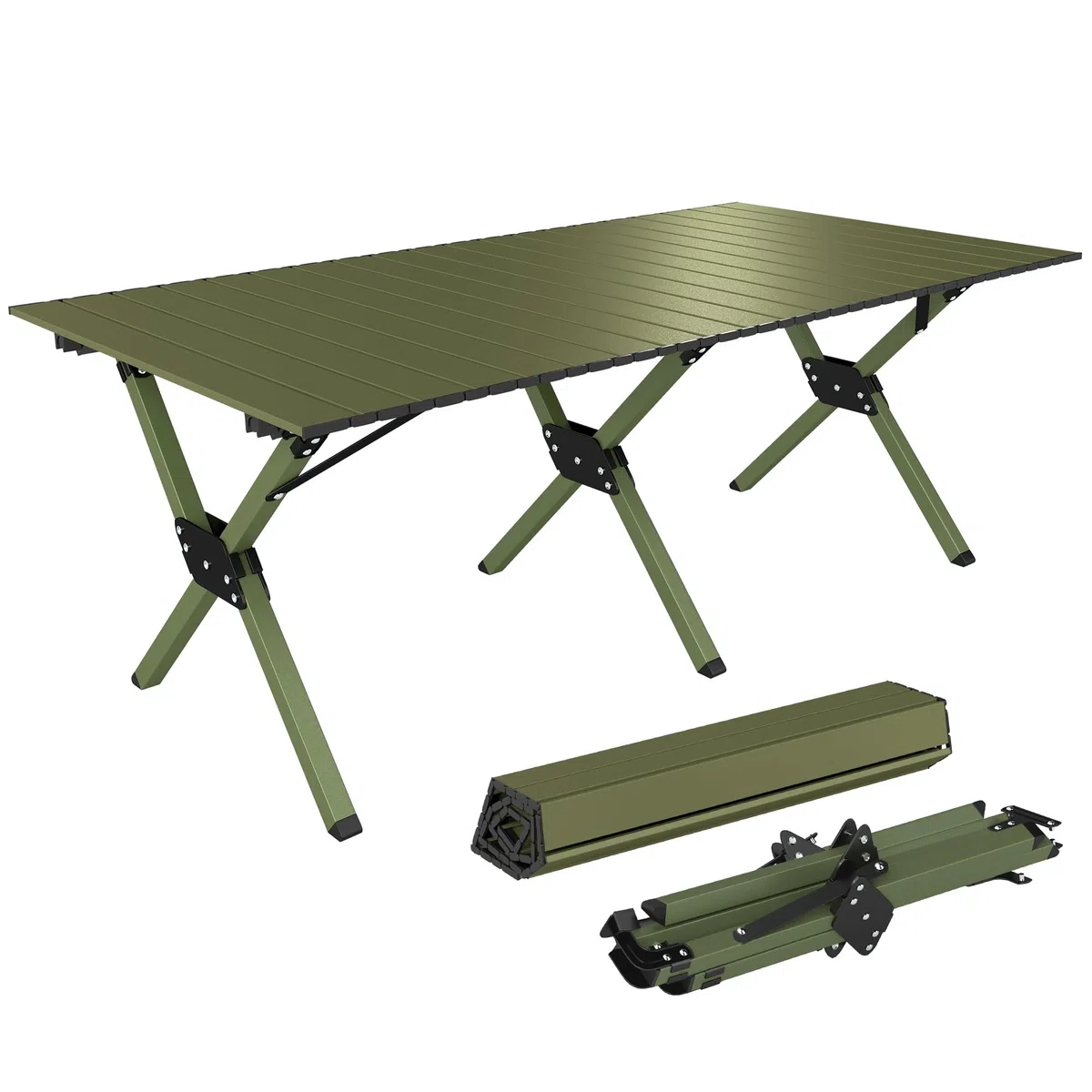 Outsunny Tavolo da Campeggio Pieghevole 116 cm, Tavolo da Picnic Impermeabile con Piano Arrotolabile e Struttura in Metallo, Portatile per Giardino, Parco, BBQ, Verde