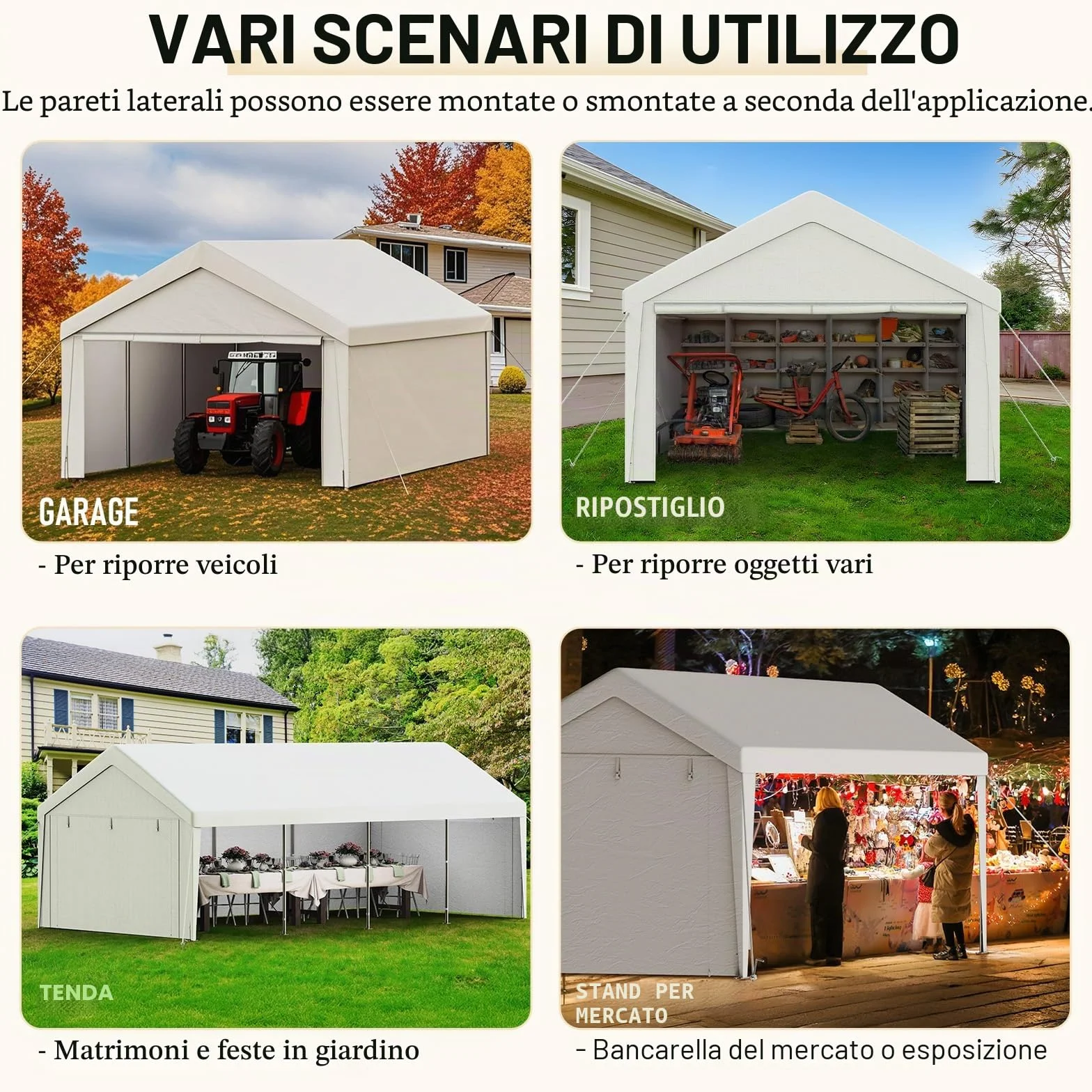 Carport Tenda Garage 4 x 6 m – Tenda da garage impermeabile con pareti laterali rimovibili – Resistente ai raggi UV – Rifugio invernale per auto, SUV, camion, barca, tenda da giardino, garage, bianco