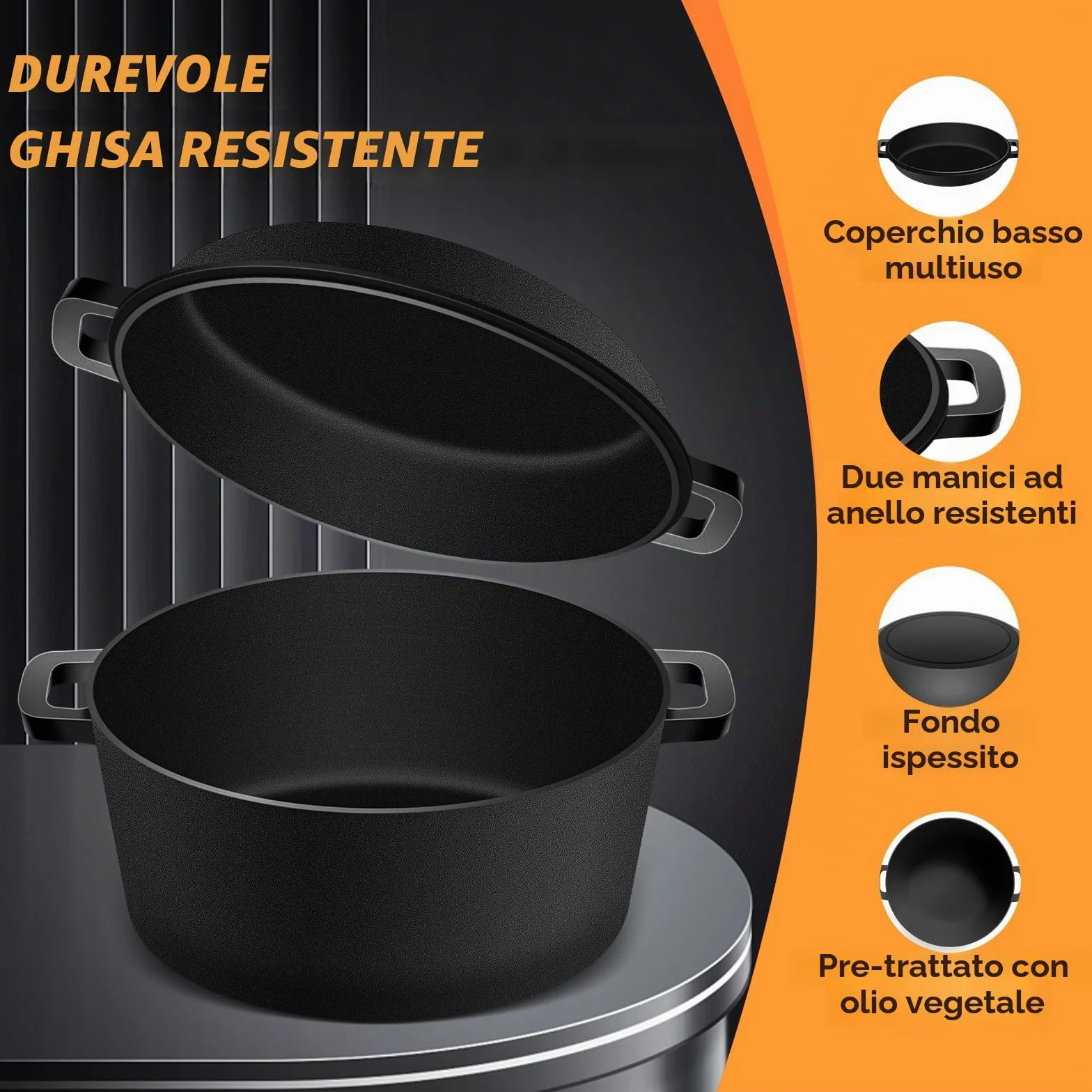 Pentola in ghisa olandese NZQXJXZ per la cottura del pane, casseruola con coperchio, fornelli, 2 in 1 con padella, 5QT