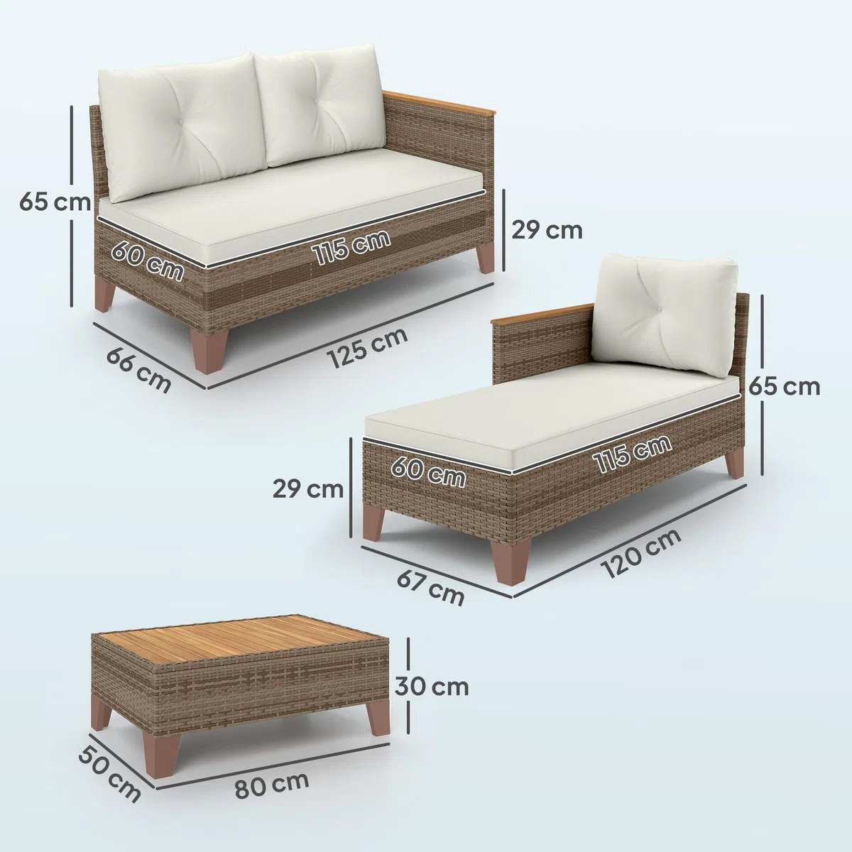 Outsunny Set di Mobili da Giardino in Rattan 3 Pezzi, Salotto da Esterno con Divano a 2 Posti, Chaise Longue, Tavolino da Caffè in Vetro e Cuscini Lavabili, Struttura in Acciaio, Cachi/Crema