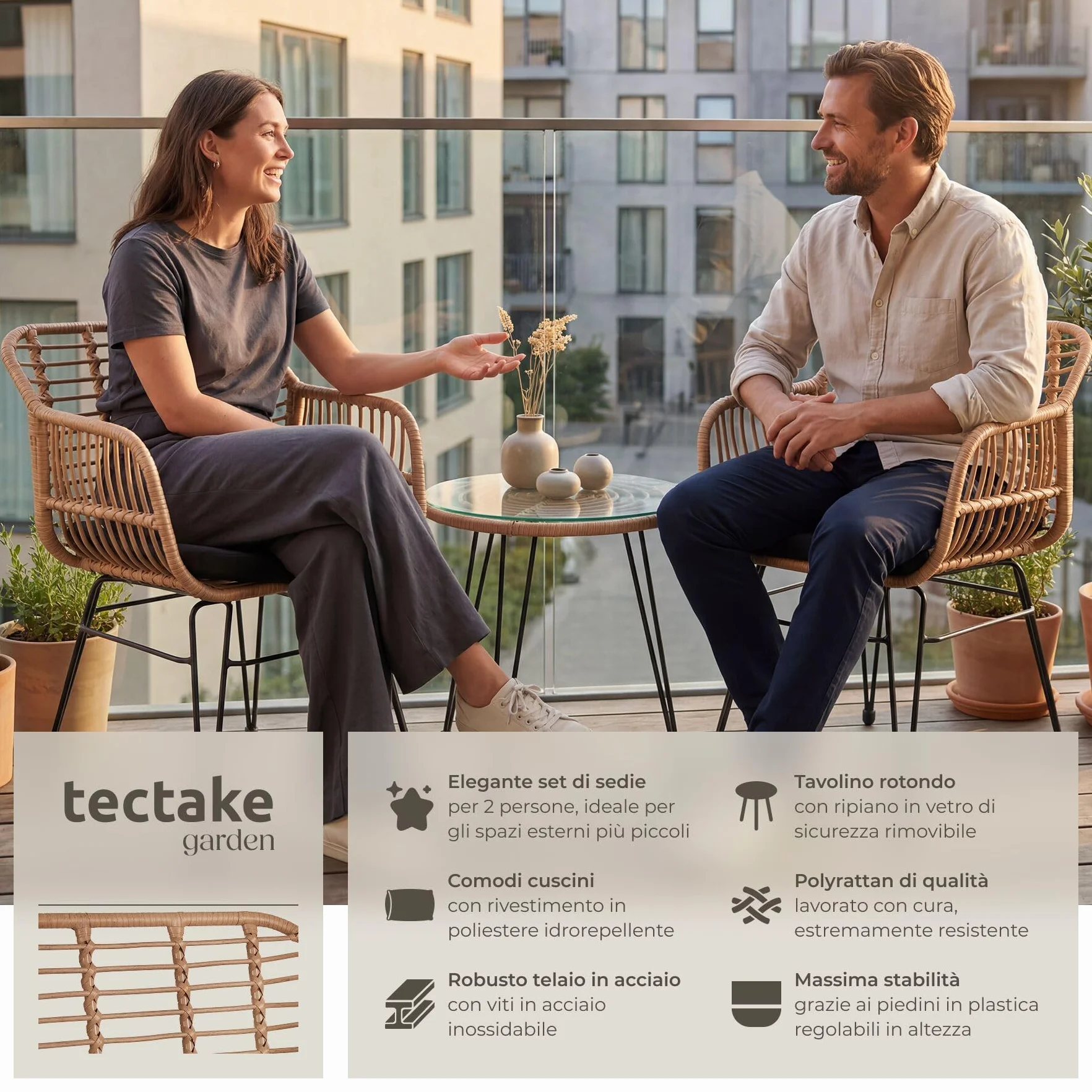 tectake Salottino in Rattan Set da Balcone 3 Pezzi 2 Sedie 120 kg Tavolo Vetro Sicuro Resistente Intemperie Terrazza Giardino Piedini Regolabili
