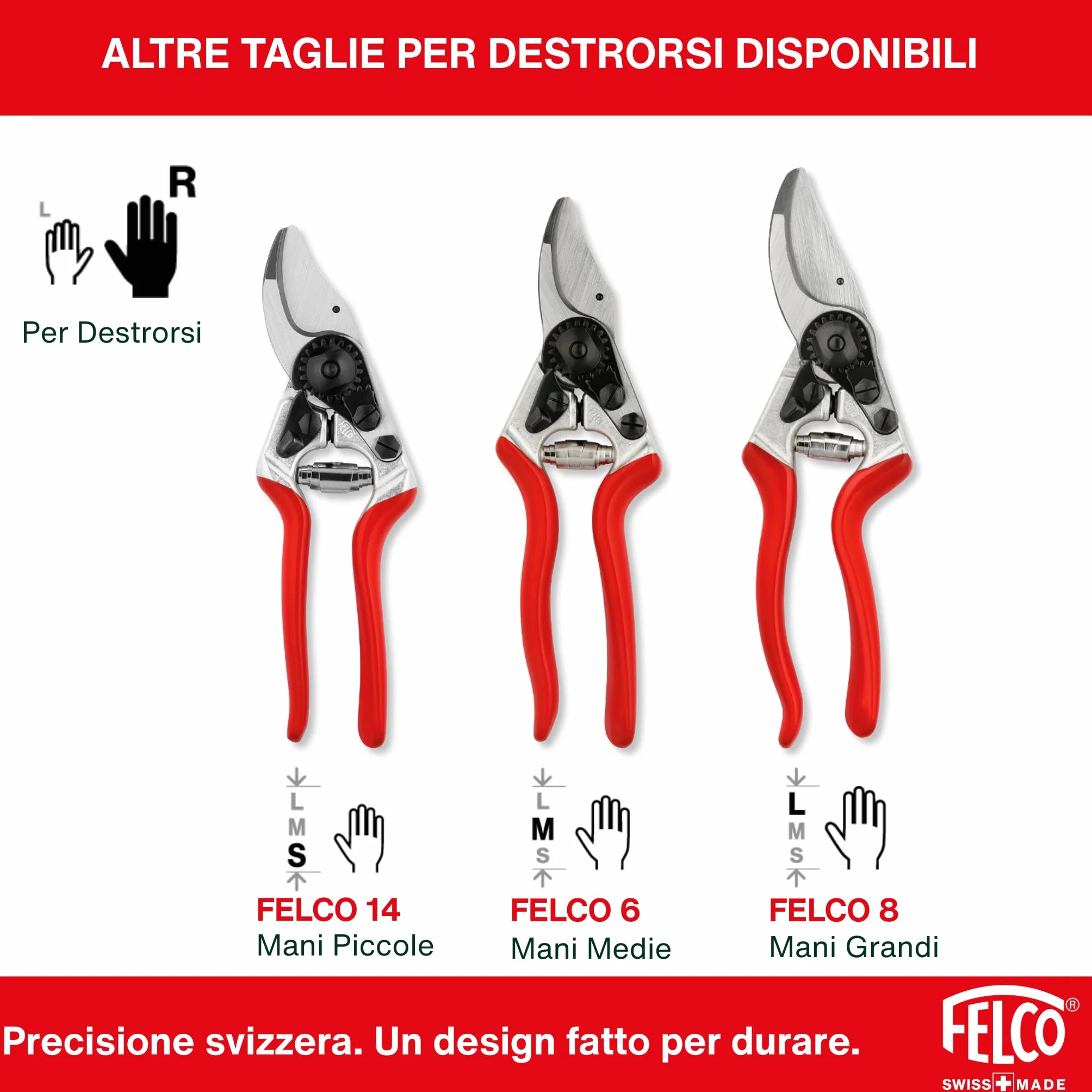 FELCO 2 Cesoia da Potatura Bypass, Mano Destra, Mano Grande, Capacità di Taglio 25mm, Lama in Acciaio Temprato, Manico in Alluminio Forgiato, Made in Switzerland, Garanzia a Vita