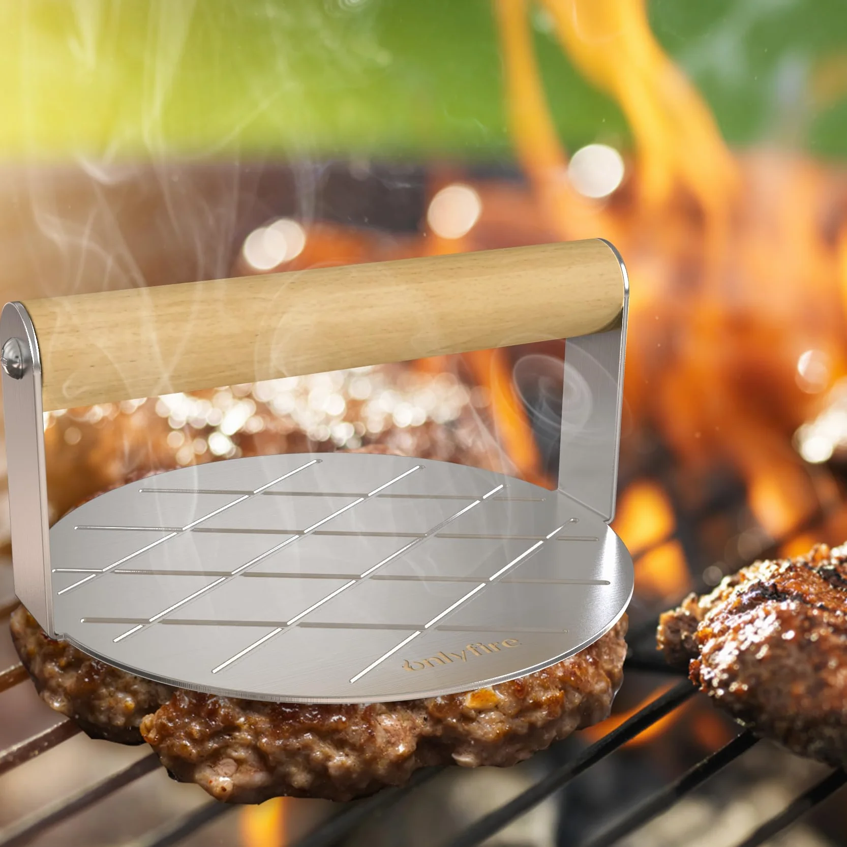 Onlyfire Kit Smash Burger, Coperture per Hamburger da 2 x 16 cm, Pressa per Hamburger Rotonda e Spatola da Grill Grande, Accessori per Barbecue per Piastra, Teppanyaki e Campeggio