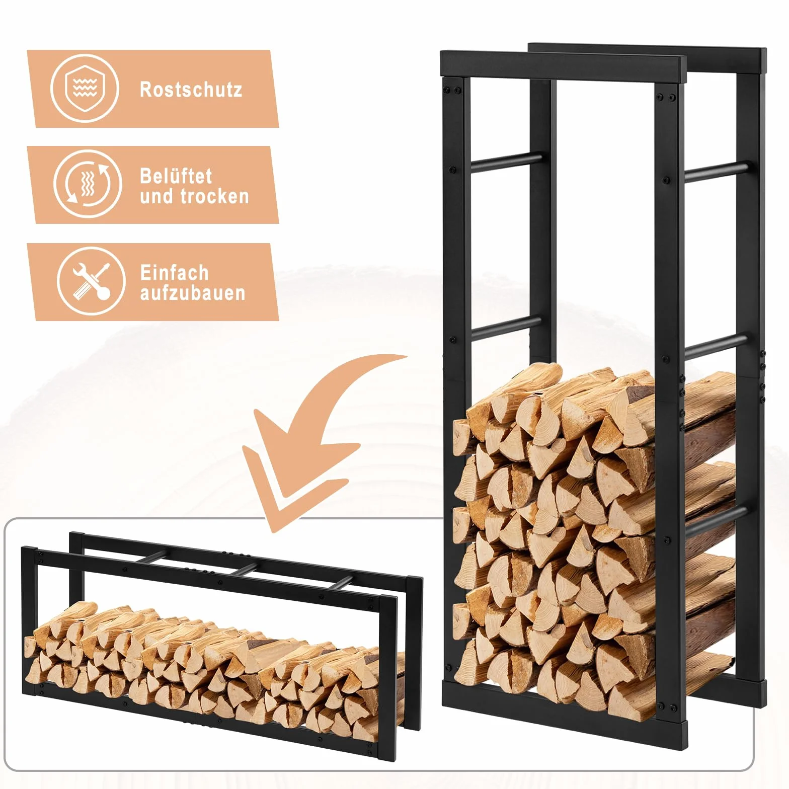 Laneetal Portalegna da Interno 40x25x100 cm Metalowy Stojak na Drewno Kominkowe Czarny