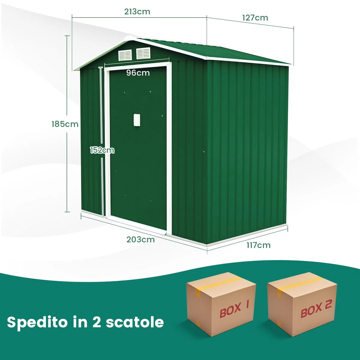 RELAX4LIFE Casetta da Giardino per Attrezzi, 213 x 127 x 185 cmin Lamiera d'Acciaio e e Lamiera Zincata con Doppie Porte Scorrevoli, Tetto Inclinato, per Porta Attrezzi, Tosaerba, Verde
