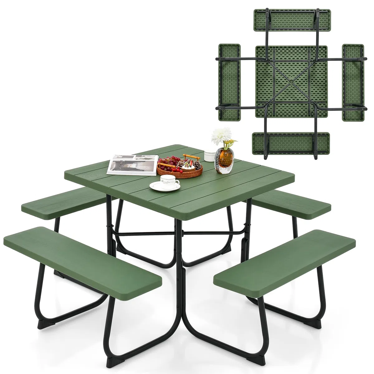 KOMFOTTEU Set Tenda da Birra, Tavolo con 4 Panche da Birra per 8 Persone, Set di Mobili da Giardino con Foro per Ombrellone, Set Tendone da Campeggio in HDPE, Telaio in Metallo (Verde)