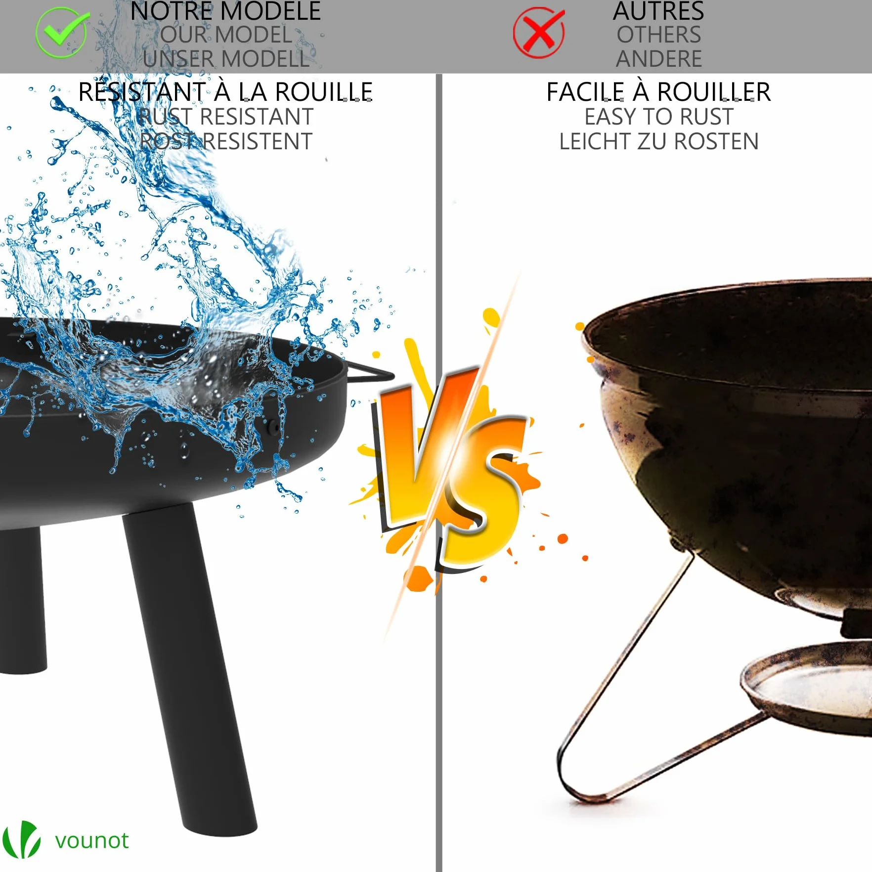 VOUNOT Braciere da Giardino Ø60 cm Metallo con Griglia e Attizzatoio, Rotondo a Legna, Nero