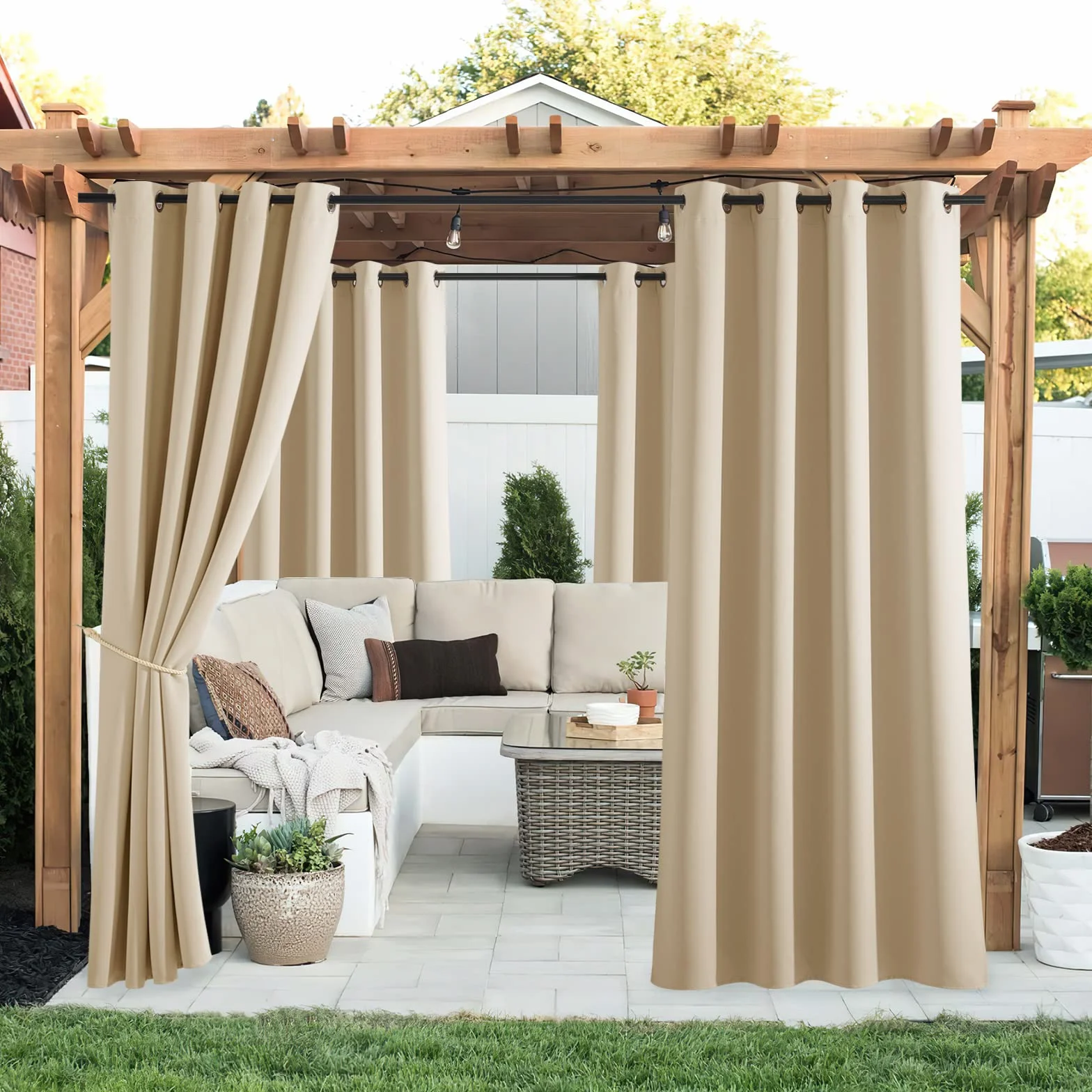 PONY DANCE Anti-UV Tende da Esterno Impermeabili Tende da Sole per Balconi con Anelli 2 Pezzi L132 x A213 CM Blackout Curtains Termiche per Gazebo e Verande, Beige