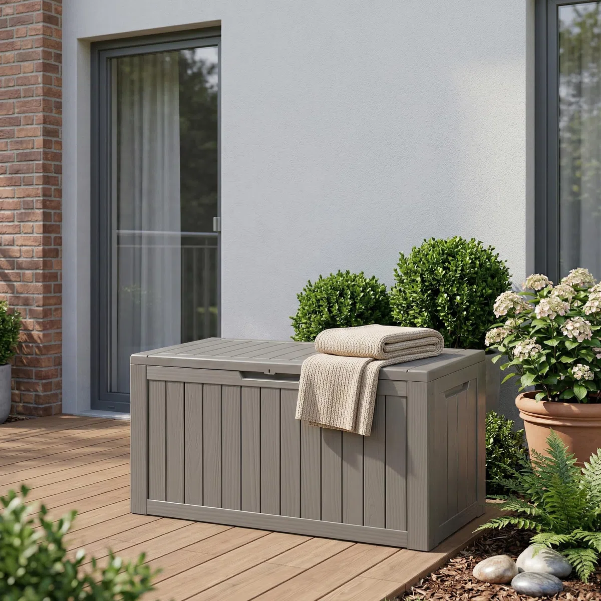 casa.pro Baule da Giardino Contenitore per Esterno Portatutto da 300 L in Plastica Cassone Multiuso Impermeabile Attrezzi Cuscini per Balcone Patio Outdoor 117x47x59 cm - Grigio Chiaro, Effetto Legno