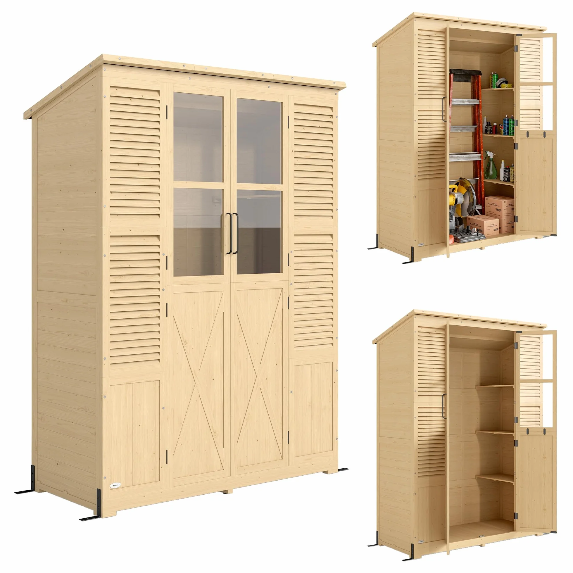 Outsunny Armadio da Giardino in Legno Abete Walk-in, Casetta Porta Attrezzi da Esterno con Tetto Inclinato Asfalto, 4 Finestre, 6 Ripiani, Prese d'Aria, Kit Antiribaltamento, 147x68x198cm, Color Legno