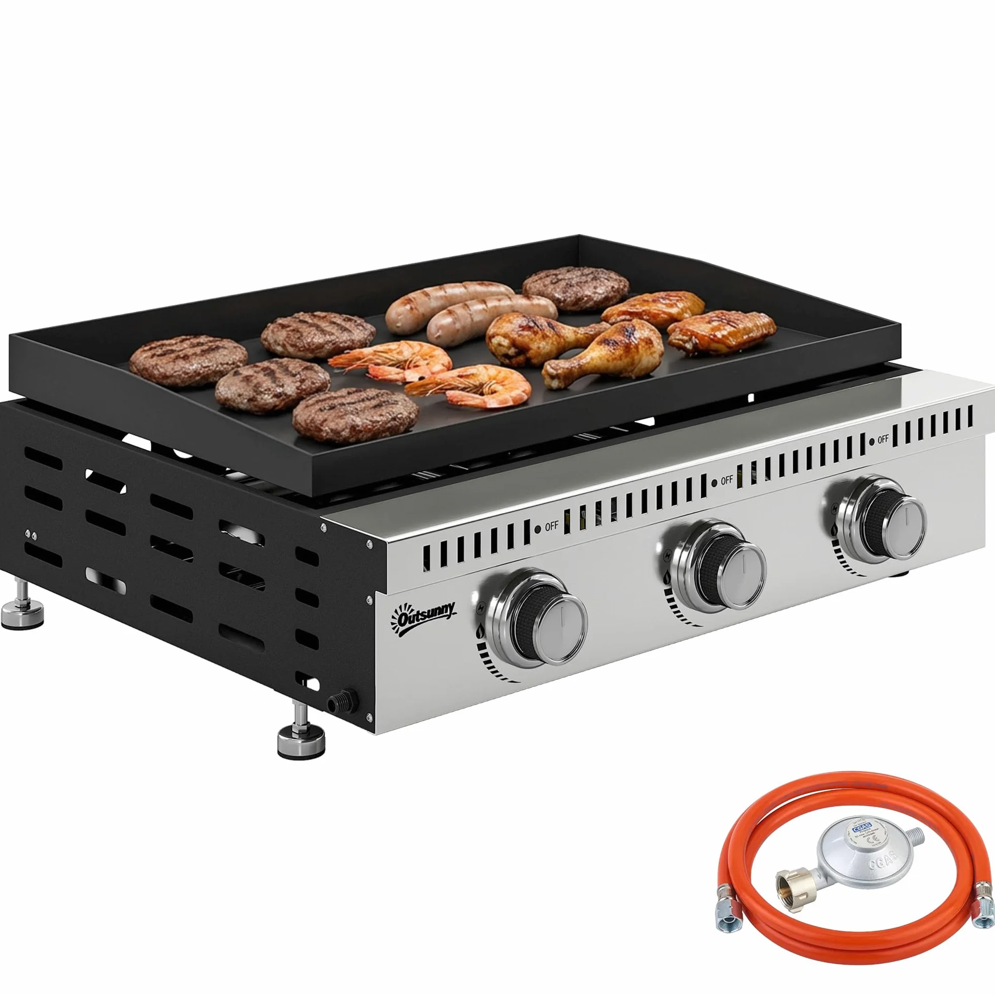 Outsunny Barbecue a Gas Portatile 3 Bruciatori 9 KW Acciaio Inox, Griglia BBQ da Tavolo con Vaschetta Raccogli Grasso, Regolatore, Nero