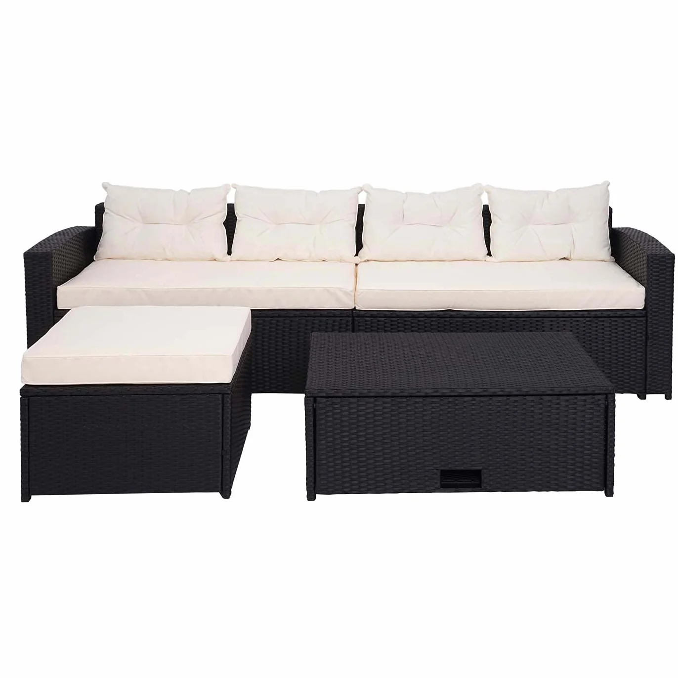 Mendler Set salotto giardino esterno salottino HWC-J34 polyrattan nero con cuscini avorio beige
