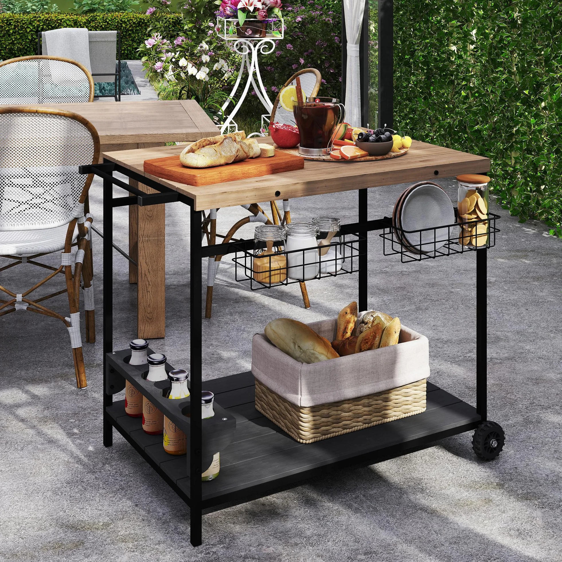 Outsunny Carrello da Giardino 2 Ripiani Legno Abete 97.5x65x81 cm Nero