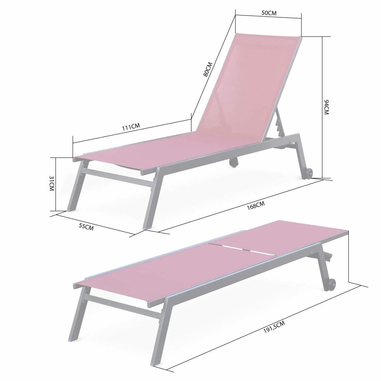 Lettini prendisole in alluminio e textilene multiposizione Antracite 191x55x94 cm Set 2