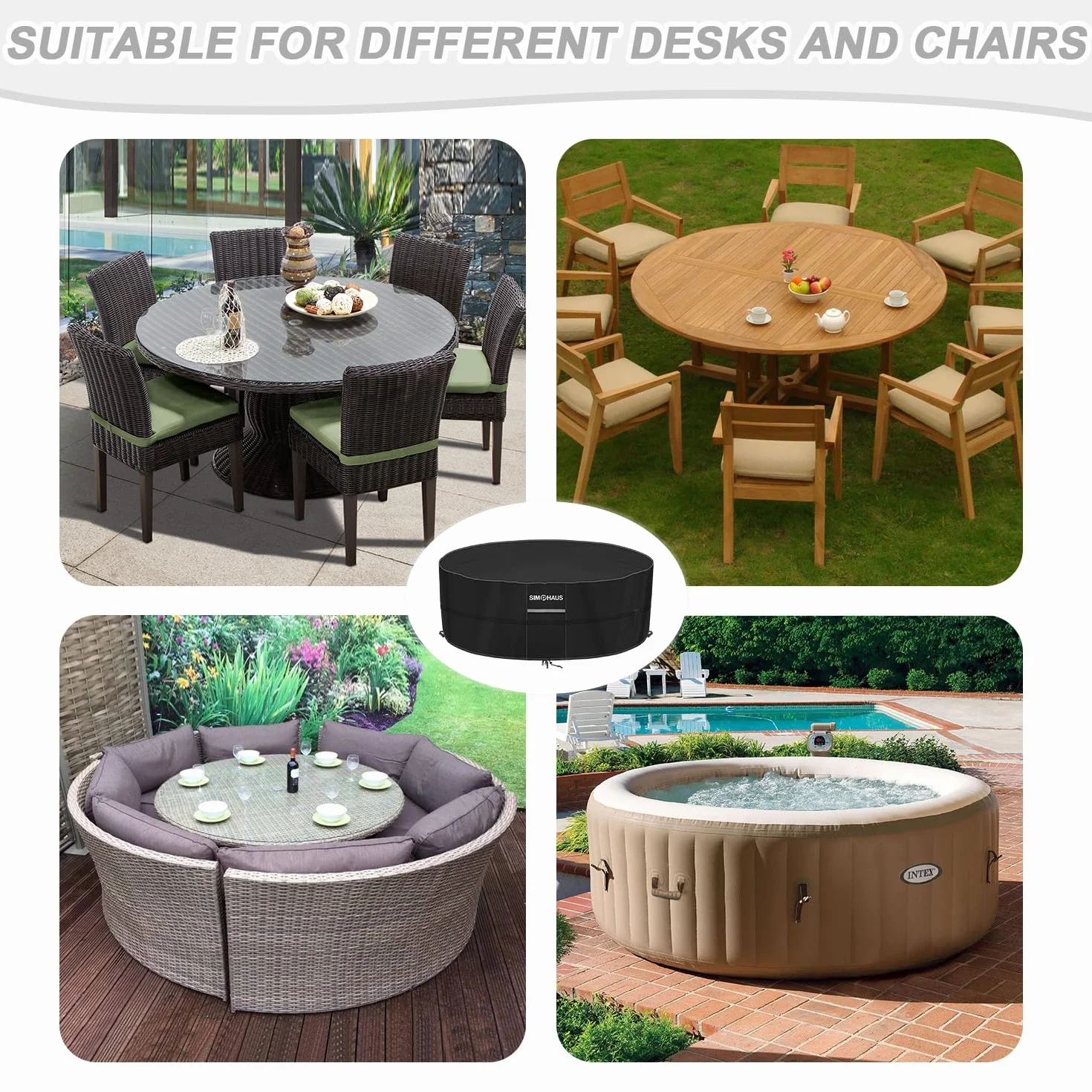 Copritavolo Rotondo da Esterno Copertura SPA Gonfiabile Telo rotondo Copri Mobili da Giardino Copritavolo Impermeabile Tessuto Oxford 420D Antivento Antipolvere Anti-UV Ø200x80cm