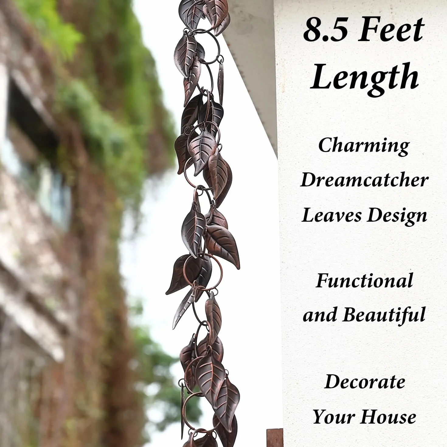 Catena per Pioggia da 2,5 m, con Foglie per grondaie e pluviali, Catene Decorative per Esterni, in Metallo, per grondaie, per Decorare la casa e Il Giardino, Rame Anticato