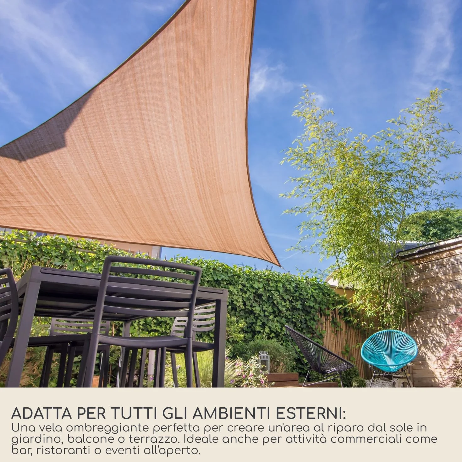 Rebecca Mobili Vela Parasole Telo Ombreggiante Triangolare Beige Polietilene Protezione Raggi Solari Giardino Campeggio 5x5x5 mt (Cod. RE6341)