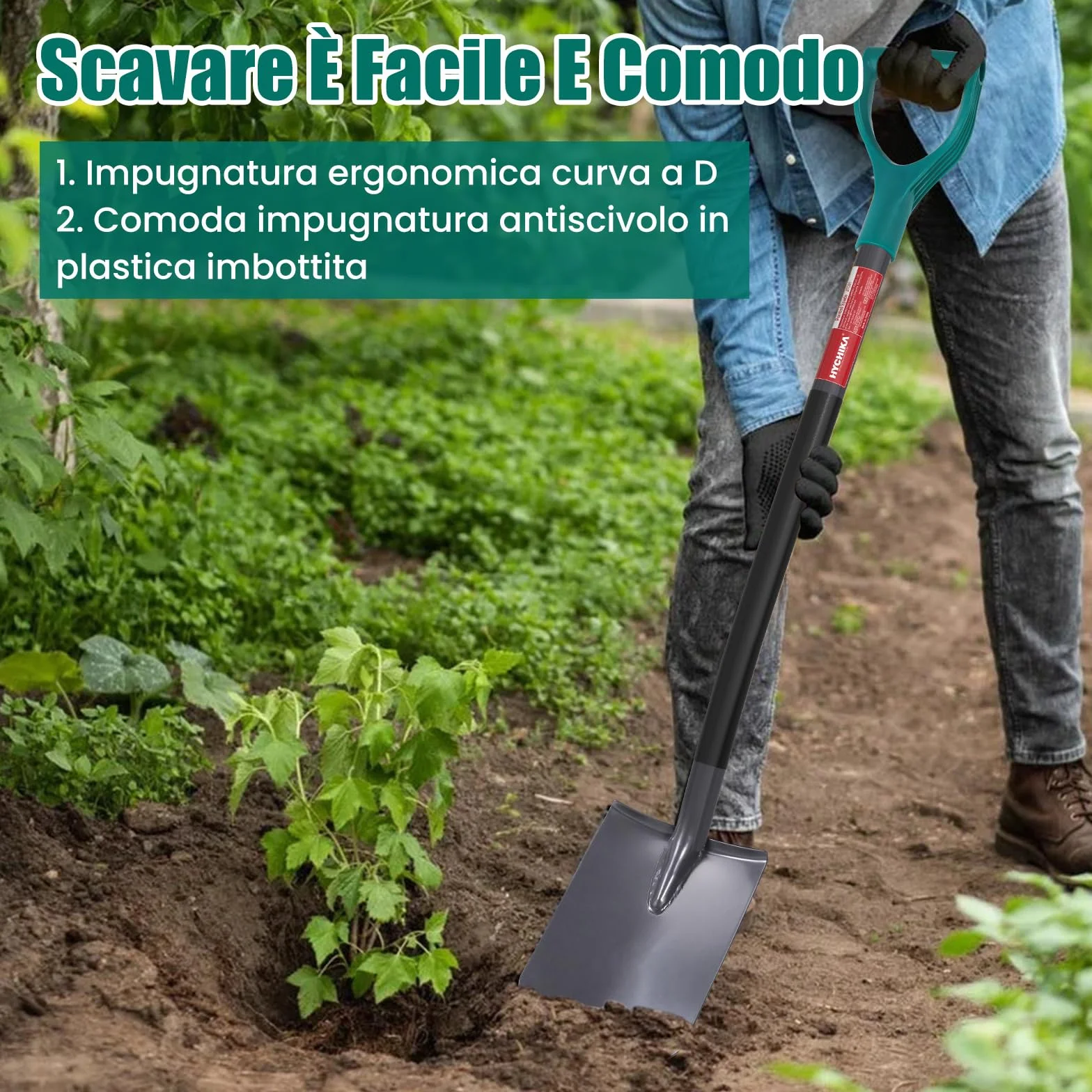 HYCHIKA Pala da Giardino Picco, Vanga da Giardinaggi, Pala da Scavo, Acciaio Temprato di Alta Qualità, Manico Ergonomico Impugnatura a D, per Piante, Agricola, Diserbo, Spalatura Neve