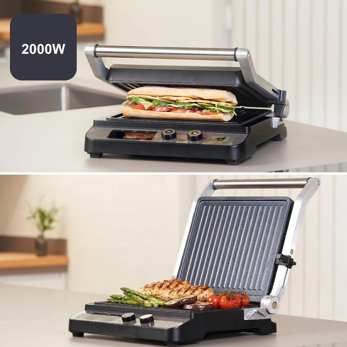 BLACK+DECKER Griglia elettrica 2000W 2 in 1 piastre lisce e grill antiaderente apertura 180° display LCD