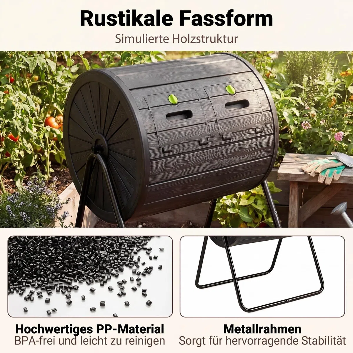 HOMASIS 142L Compostiera da Giardino, Compostiera Girevole a 360° in PP con Lame di Miscelazione, per Compostaggio Rifiuti Organici, Efficiente in 4-6 Settimane, Attrezzi da Giardinaggio (Nero)