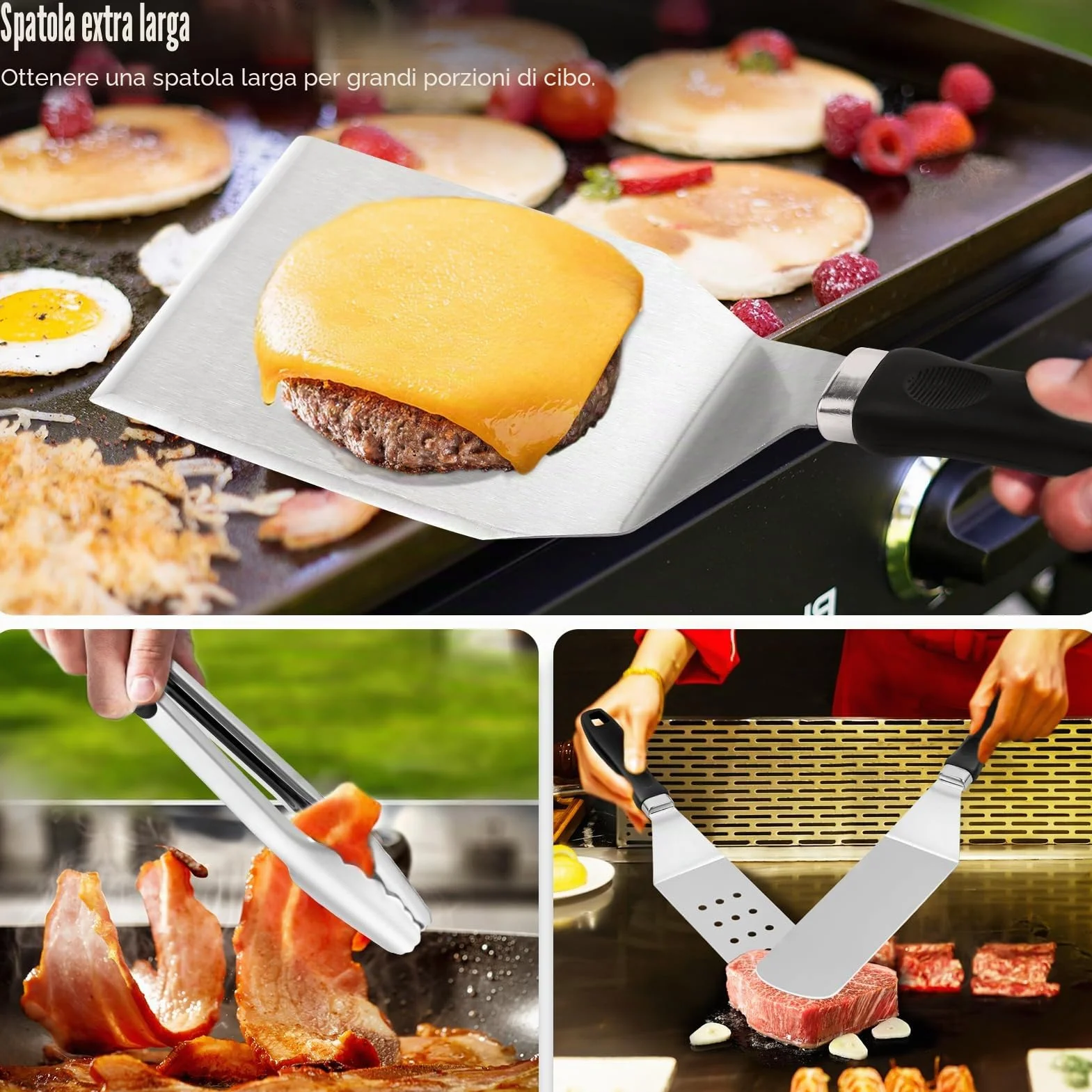 Grilliance 27PCS Griglia Set di Spatola Plancha Accessori per Uomini, Kit Utensili Barbecue Teppanyaki Acciaio Inox, Professionale Hibachi Smasher Burger set Regalo con Hamburger Pressa, Patty Maker