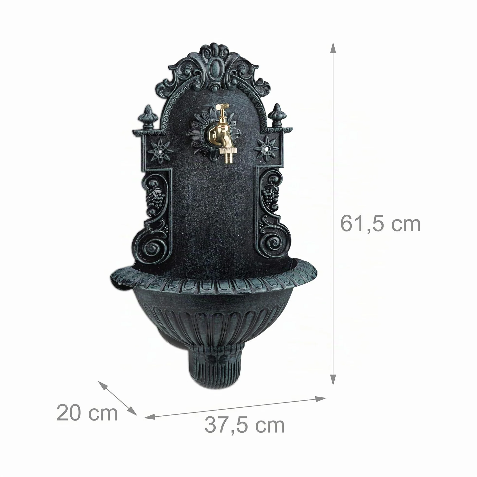 Relaxdays Fontana da Parete, Giardino, Terrazza, Sospesa, Stile Antico, Rubinetto, Vaschetta, HLP 62 x 38 x 20 cm, Verde