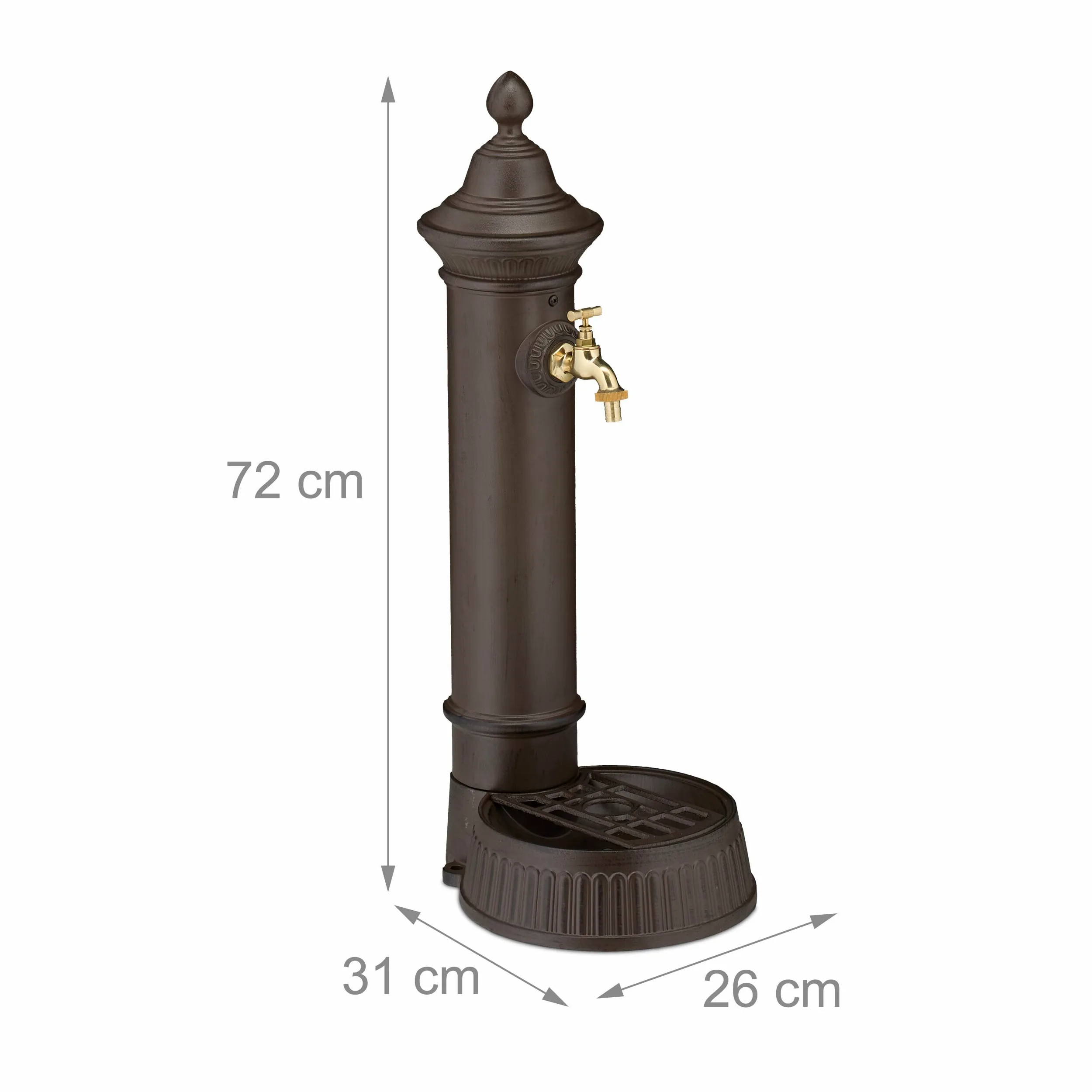 Relaxdays Fontana da Giardino in Stile Antico, Fontanella a Colonna con Rubinetto e Vaschetta, 72x26x31 cm, Marrone