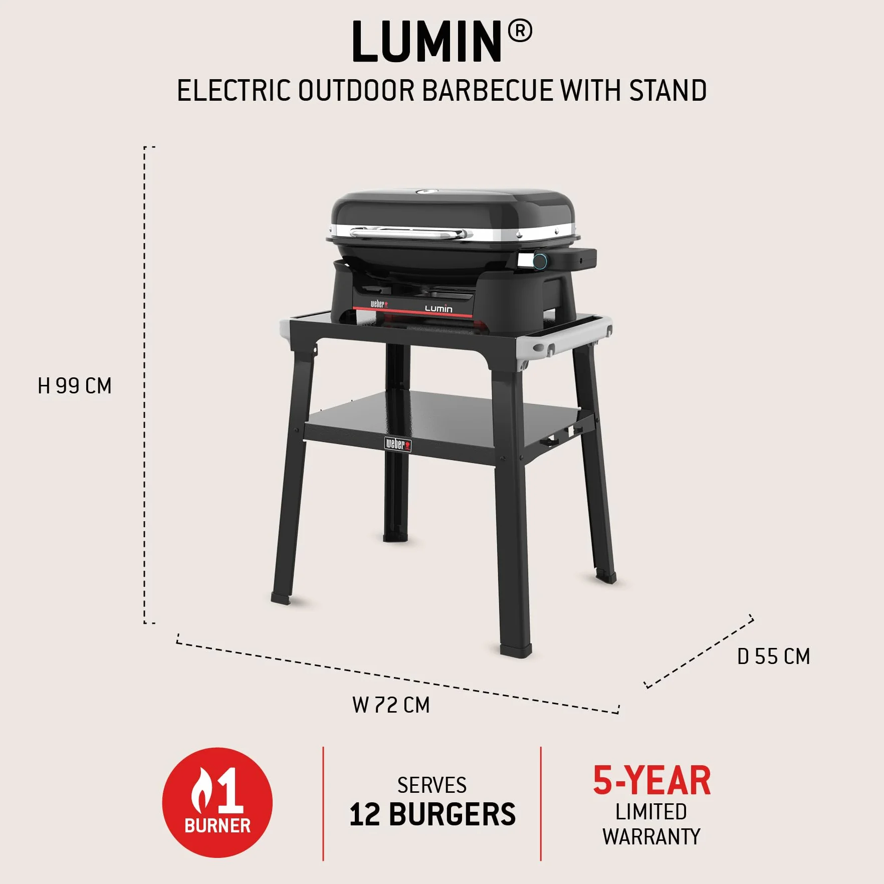 Weber Lumin Barbecue Elettrico 315°C Griglie Ghisa Smaltata Porcellana 33x49 cm Nero