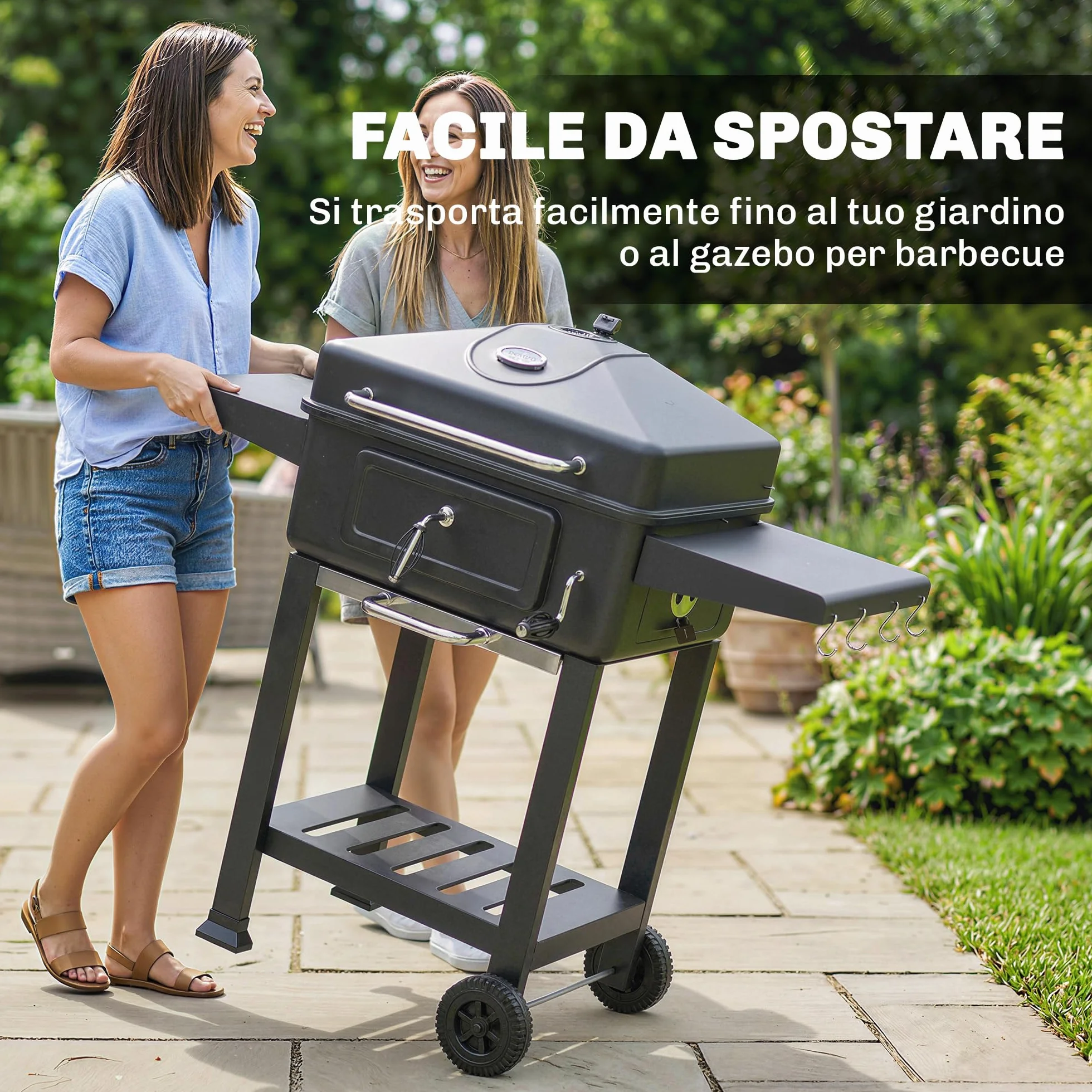 Outsunny Barbecue Carbonella Carrello BBQ Portatile con Griglia e Coperchio, Nero