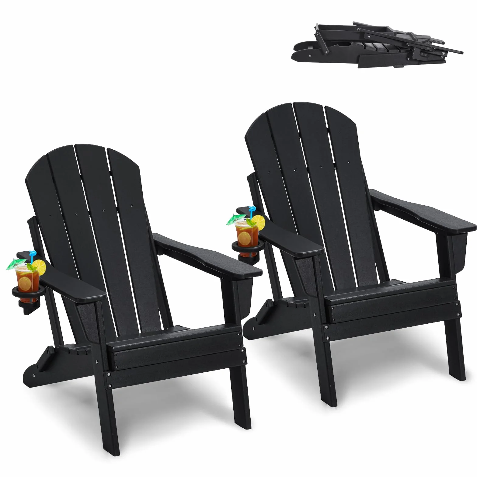 VEVOR Sedie Adirondack in Plastica Set di 2, Sedie da Esterno Pieghevoli Portatili Resistenti alle Intemperie per Patio con Portabicchieri, Bracciolo Rilassante Ergonomico, per Giardino Cortile, Nero