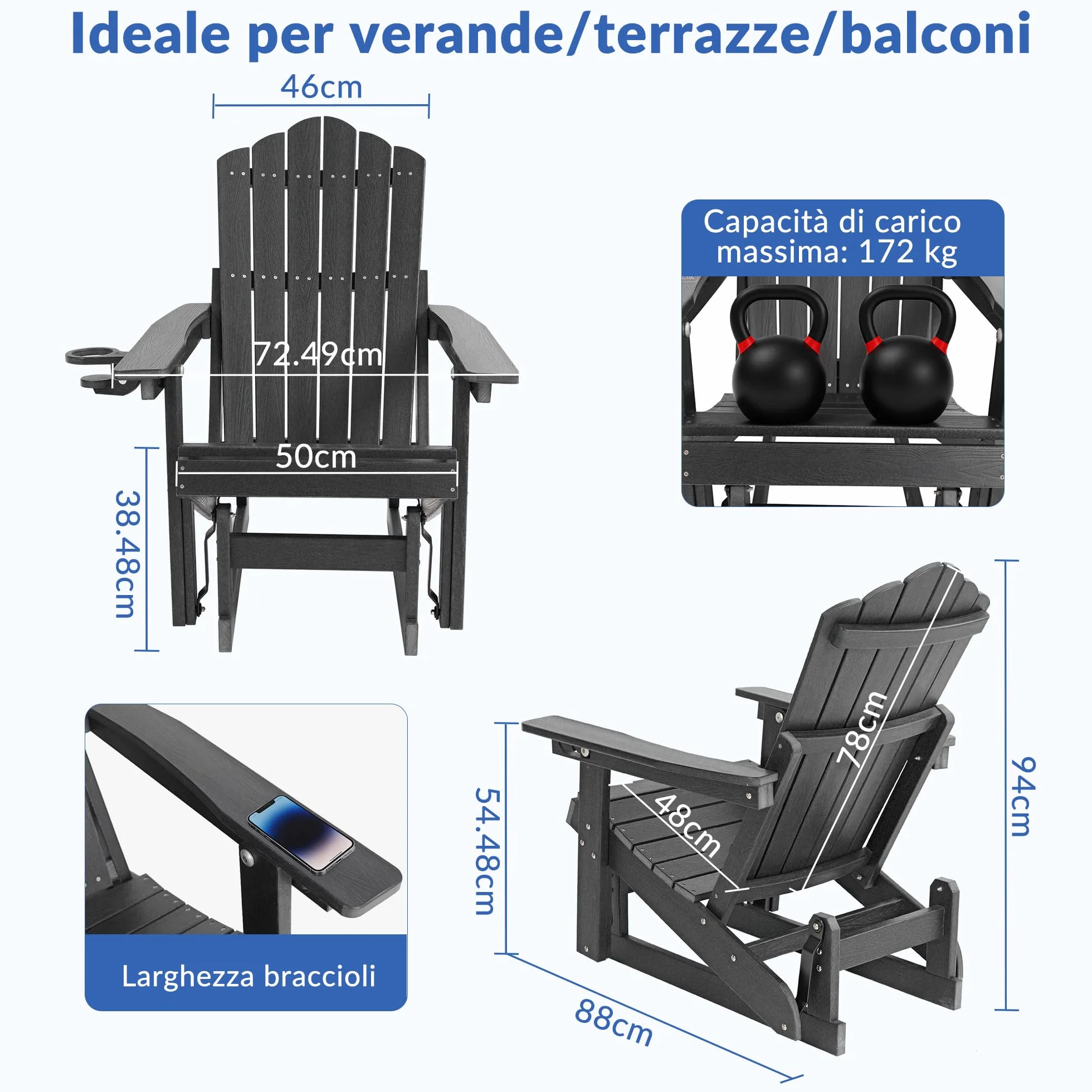 Sedia a dondolo Adirondack con schienale regolabile,sedia a dondolo per patio in simil-legno resistente alle intemperie con portabicchieri, meccanismo di oscillazione fluido,capacità di peso 200 kg