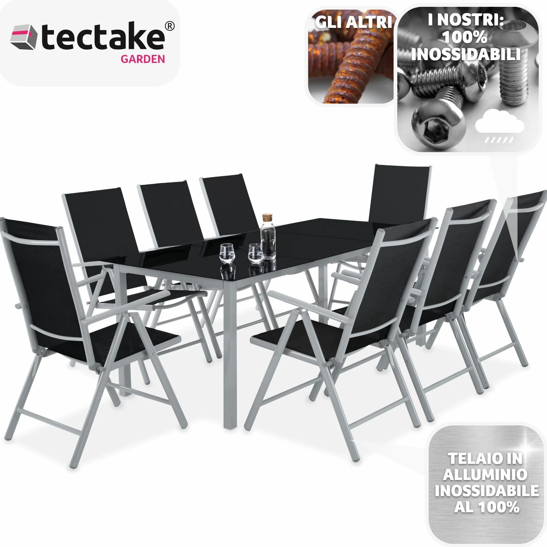 Tectake Set mobili da giardino tavolo massiccio con lastra di vetro di sicurezza telaio alluminio 8 sedie confortevoli grigio chiaro