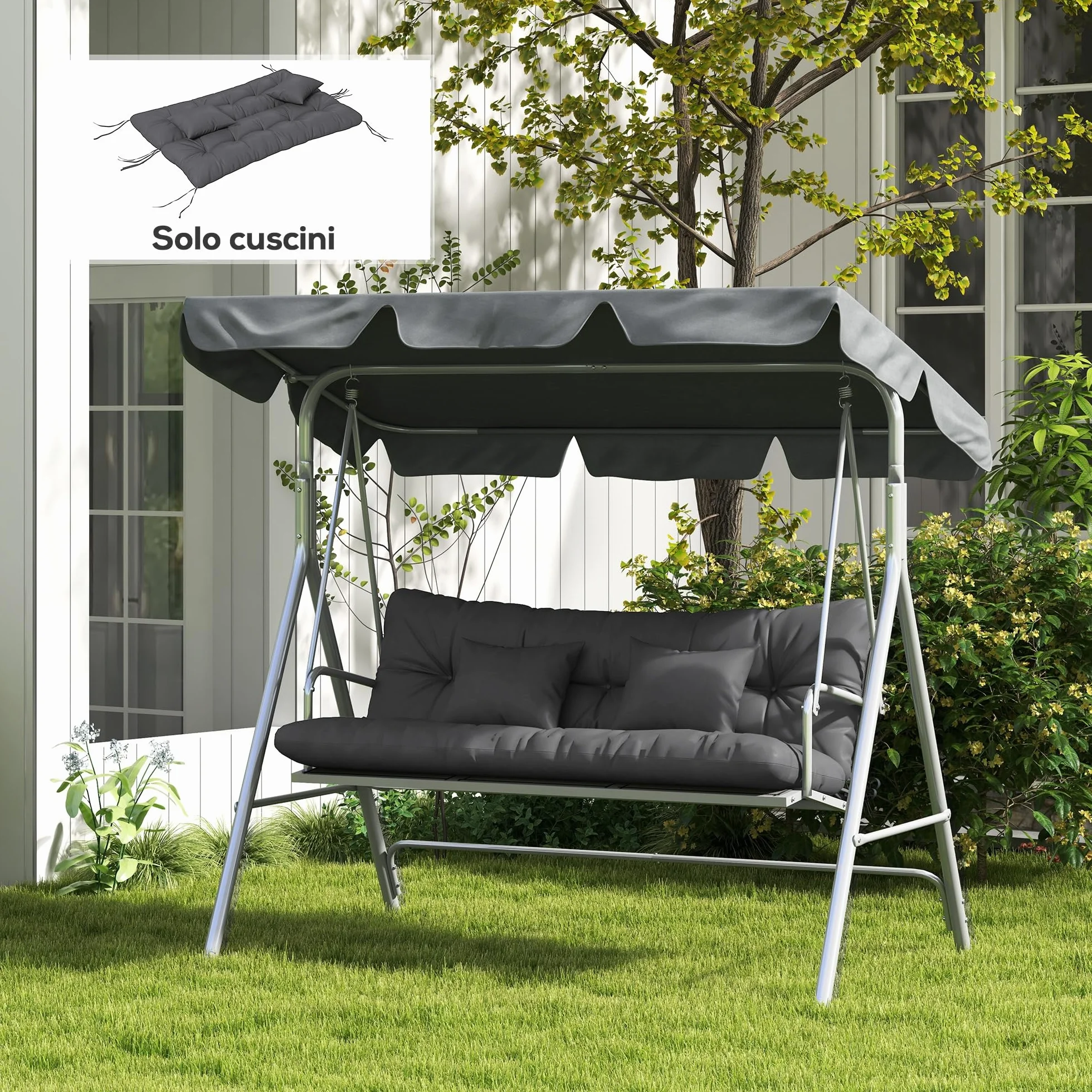 Outsunny Cuscini da Giardino Set 4 Pezzi per Schienale e Seduta con Imbottitura Spessa, Cuscini da Esterno in Poliestere, Senza Altalena, Grigio Carbone