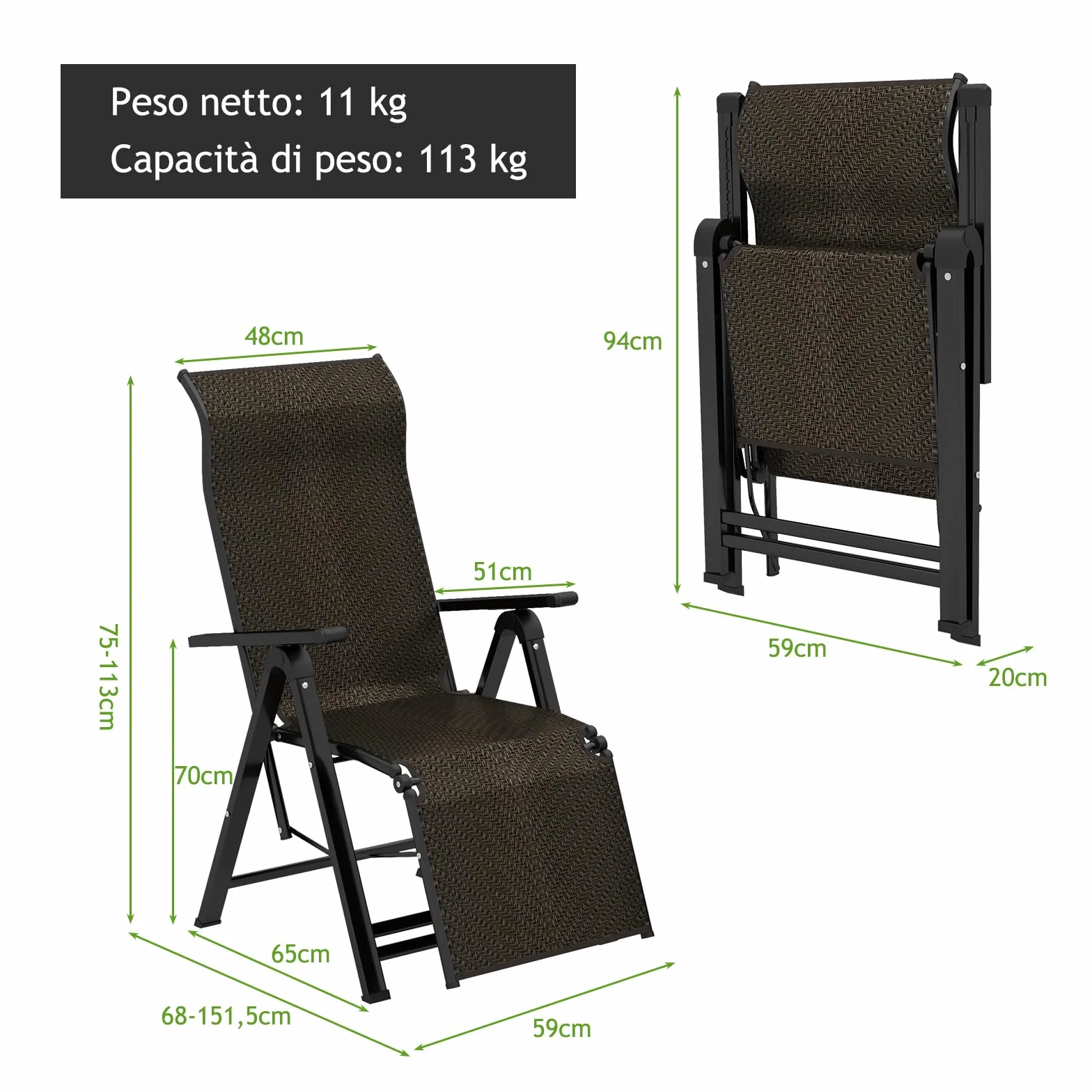 COSTWAY Sdraio da Giardino Pieghevoli in Rattan e Acciaio, Schienale Regolabile 10 Posizioni, Portata 113 kg, 2 Pezzi