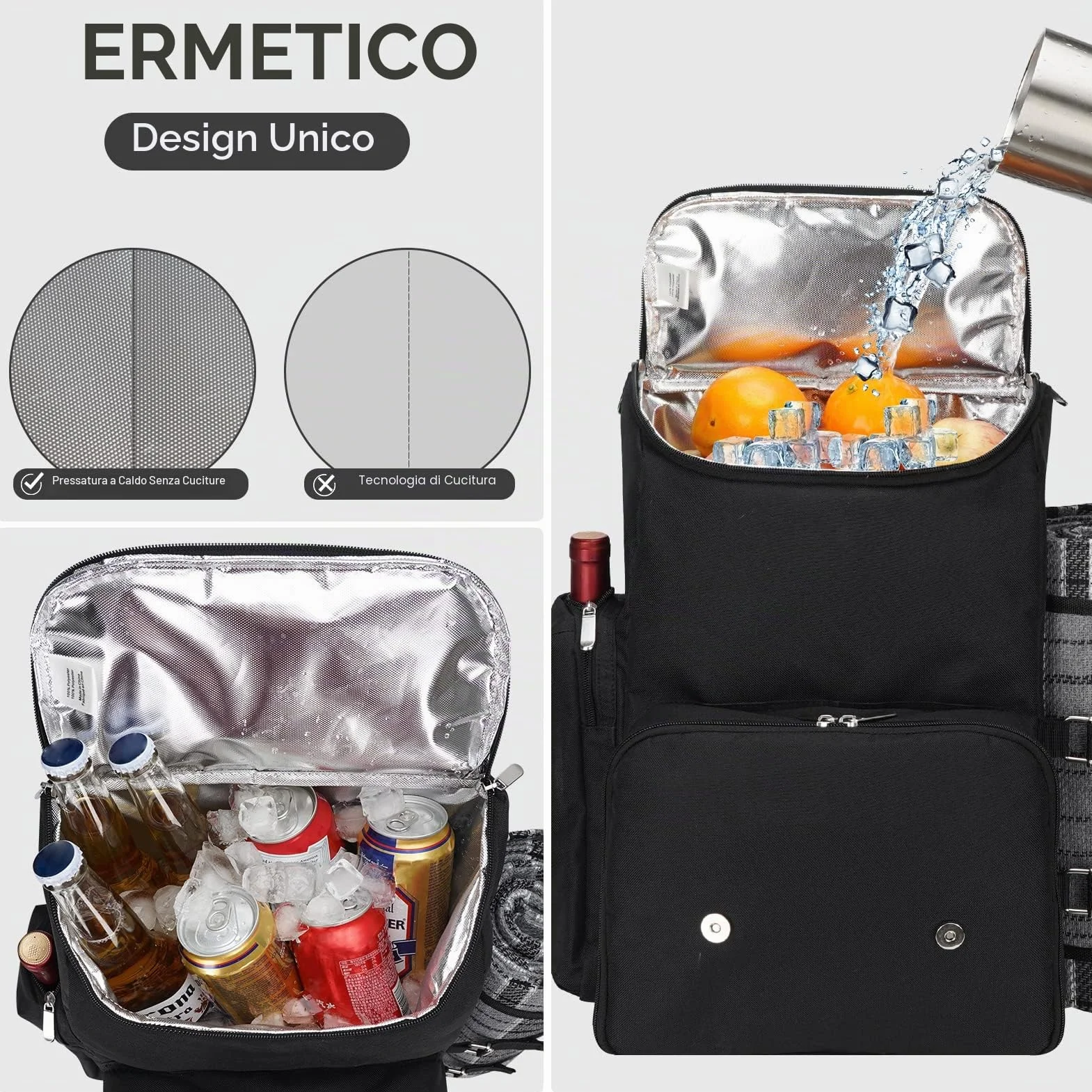 Zaino da picnic per 4 persone con grande borsa termica isolata, cestino da picnic con sacchetto di vino, coperta da picnic impermeabile e set di posate. Perfetto per spiaggia, festa, regalo di nozze