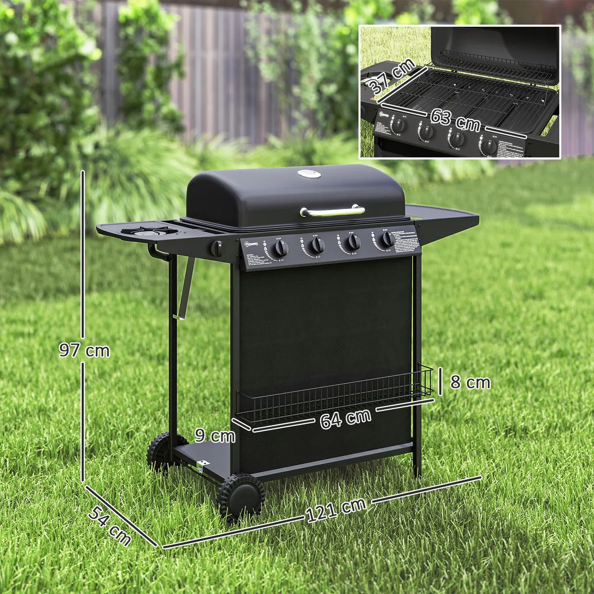 Outsunny Barbecue a Gas 4+1 Bruciatori con Coperchio e Termometro, Griglie, Tavolino Laterale, Nero