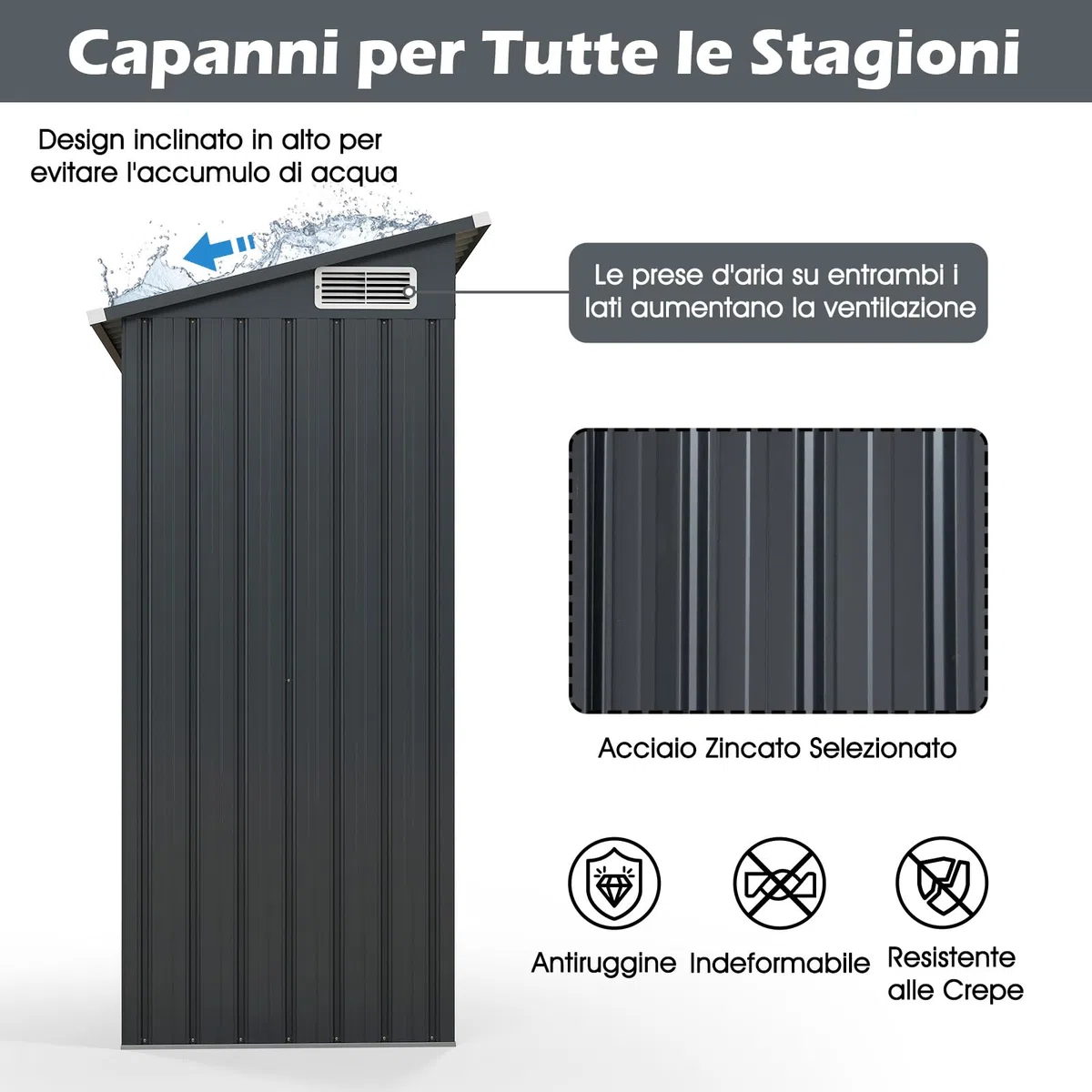 RELAX4LIFE Casetta da Giardino per Attrezzi,150x88x185 cm in Lamiera d'Acciaio e e Lamiera Zincata con Doppie Porte, Tetto Inclinato, per Porta Attrezzi, Tosaerba, 2 Paia di Guanti (GRIGIO 2)