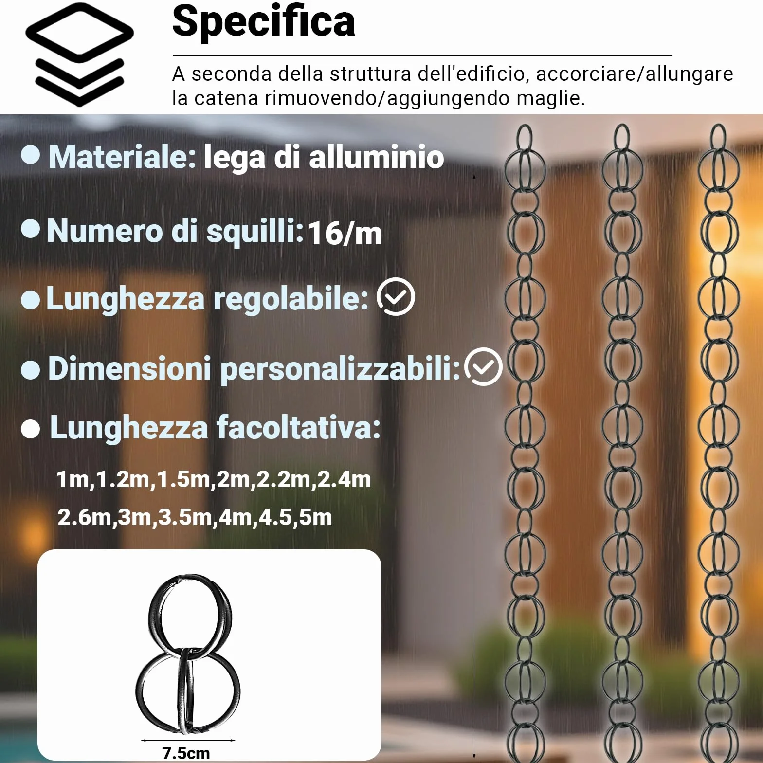 Catena Pluviale Giapponese in Rame per Drenaggio, Resistente all‘Inverno, Ideale per Barile di Pioggia, Nero (2.2m)