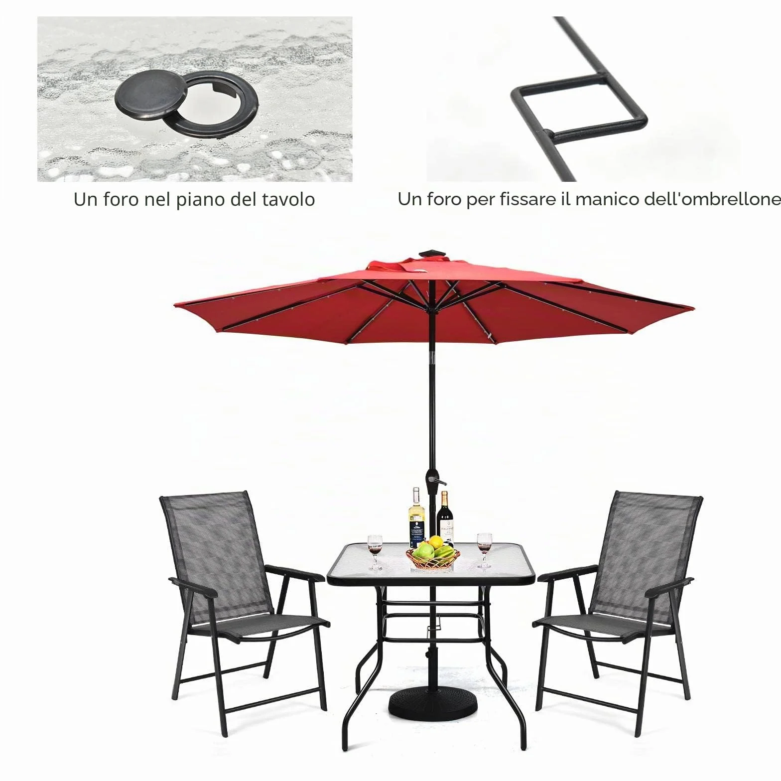 KOMFOTTEU Tavolino Quadrato da Giardino con Foro per Ombrellone, Tavolo da Bistrot con Piano in Vetro e Telaio in Metallo, Tavolo da Caffé Portata fino a 80 kg, per Balcone, Terrazza, Giardino, Nero