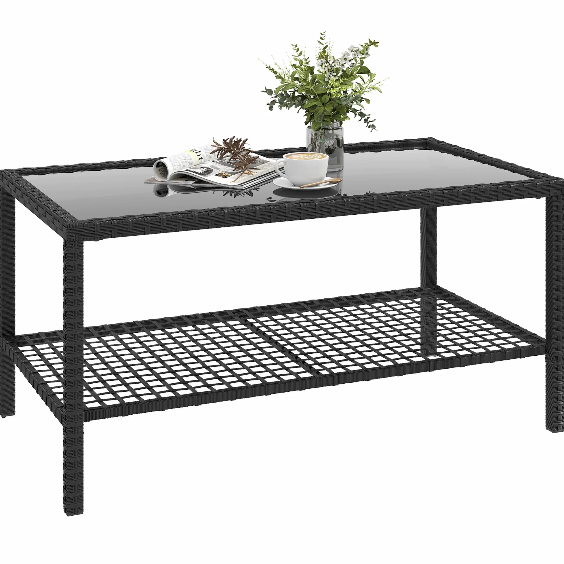 Outsunny Tavolino da Caffè in Rattan a 2 livelli con Ripiano, Piano in Vetro Temperato, Tavolino da Esterno con Struttura in Acciaio, 92x50x45 cm, Nero